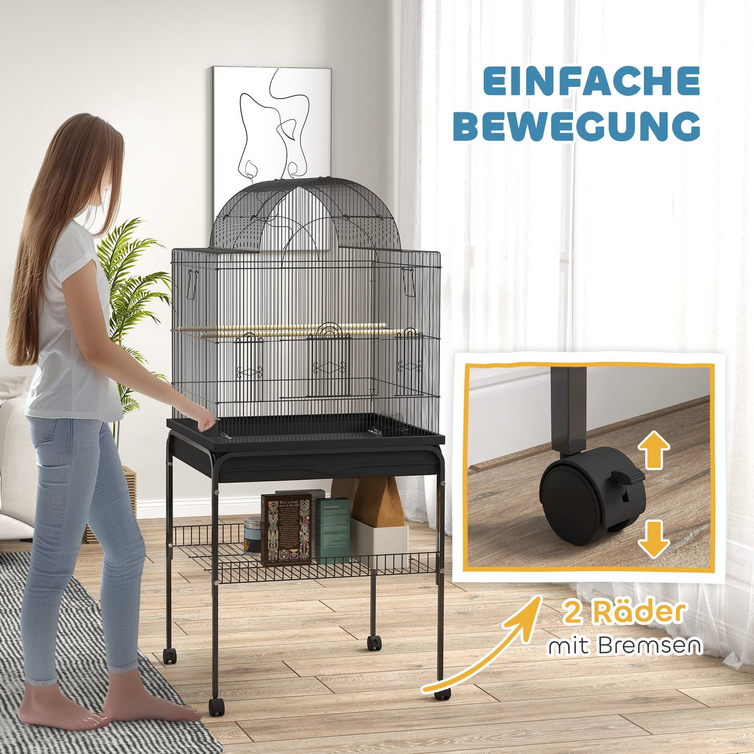 Stor fågelbur i stål, med hjul och matningsstation