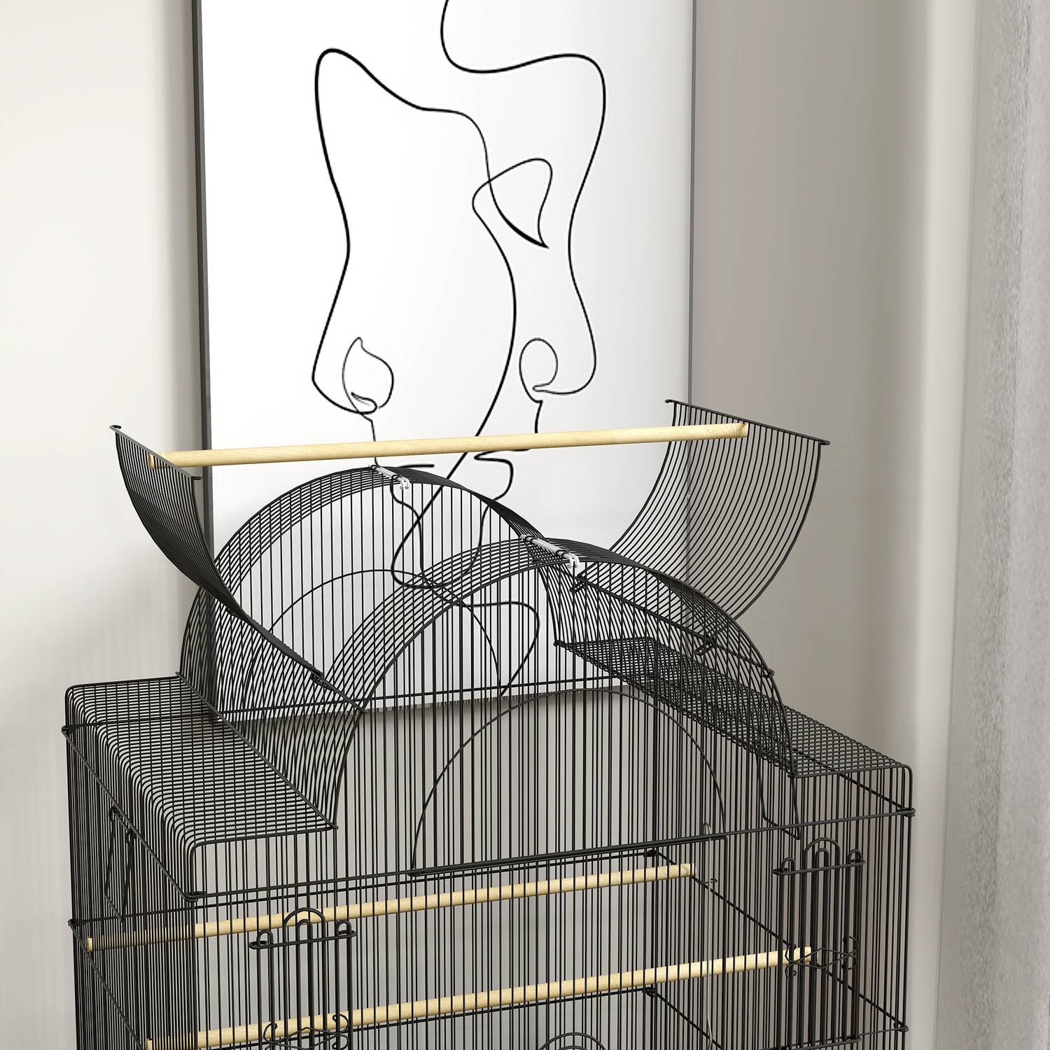 Stor fågelbur i stål, med hjul och matningsstation