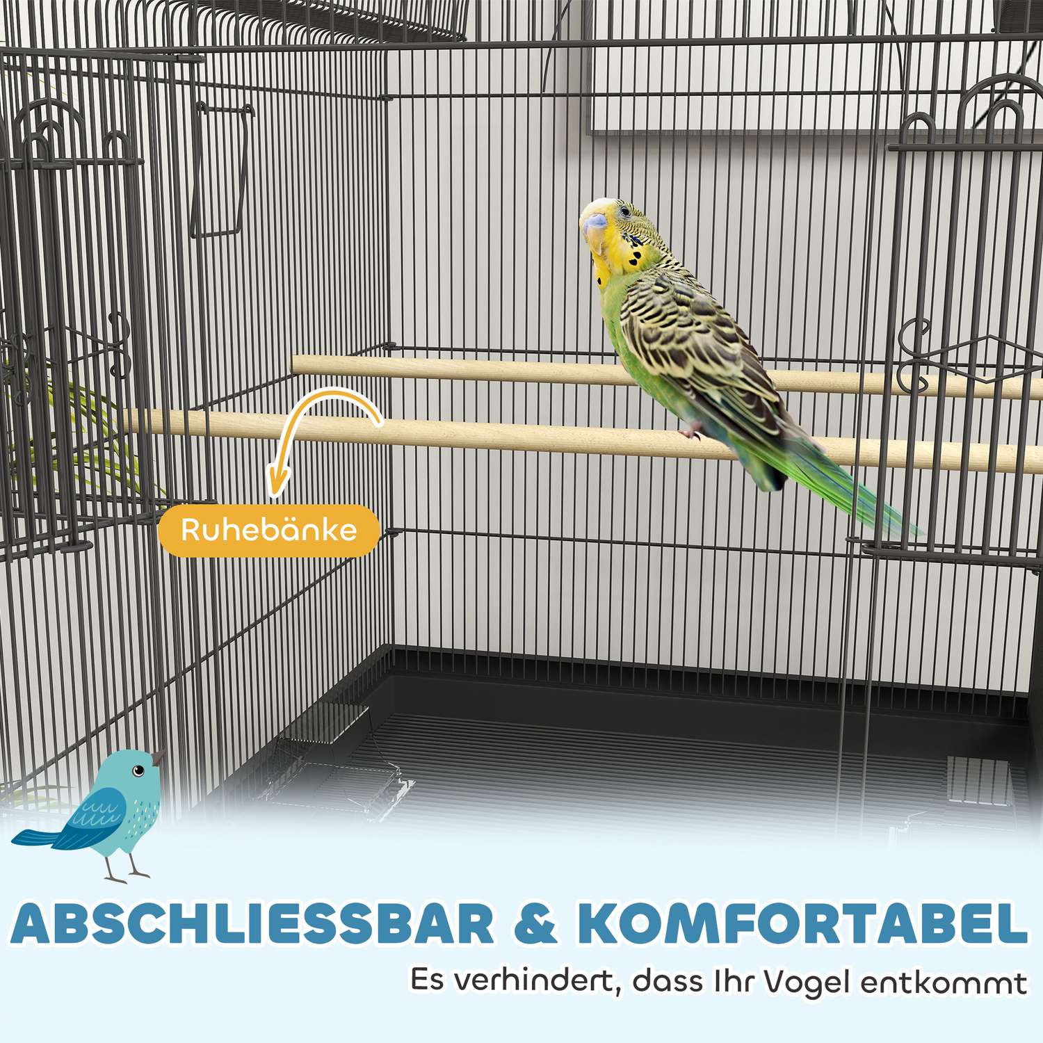 Stor fågelbur i stål, med hjul och matningsstation