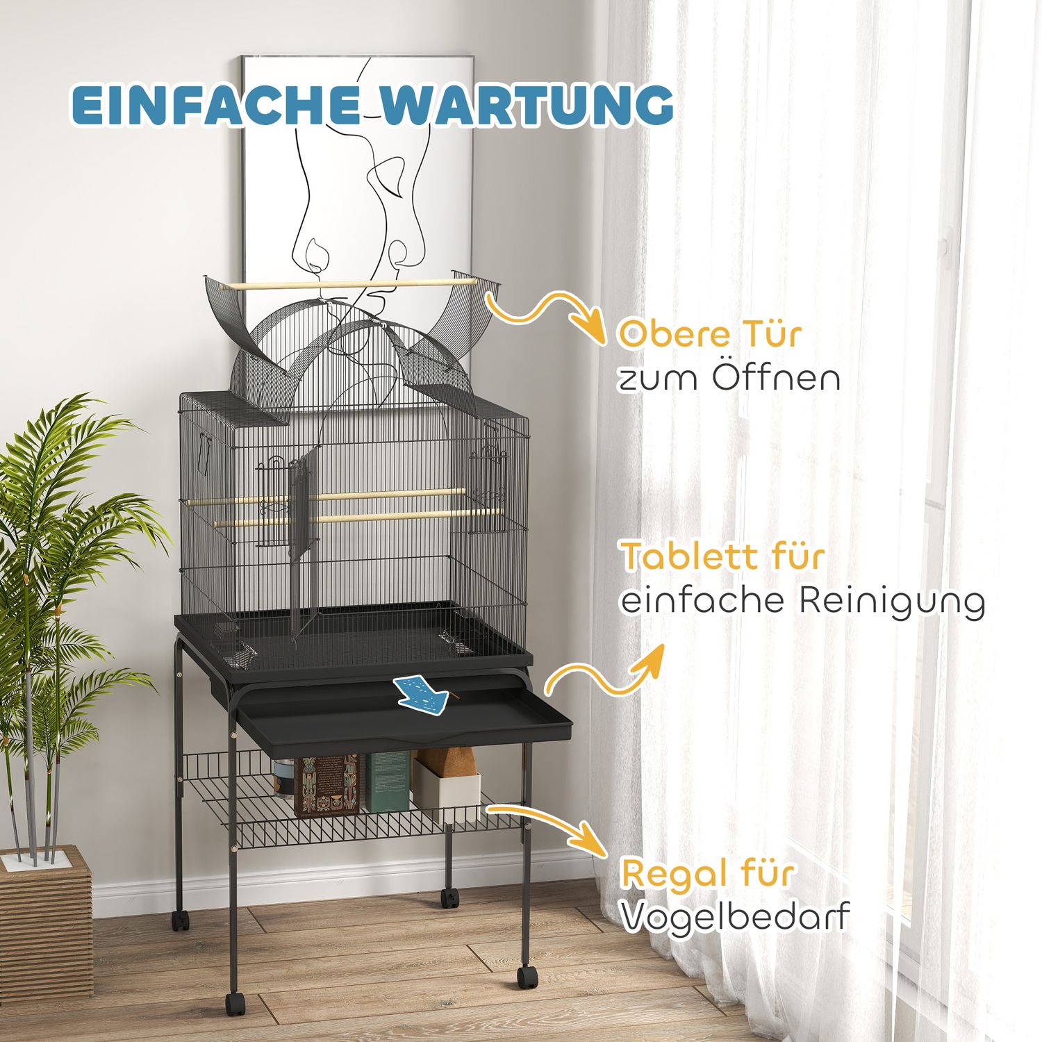 Stor fågelbur i stål, med hjul och matningsstation