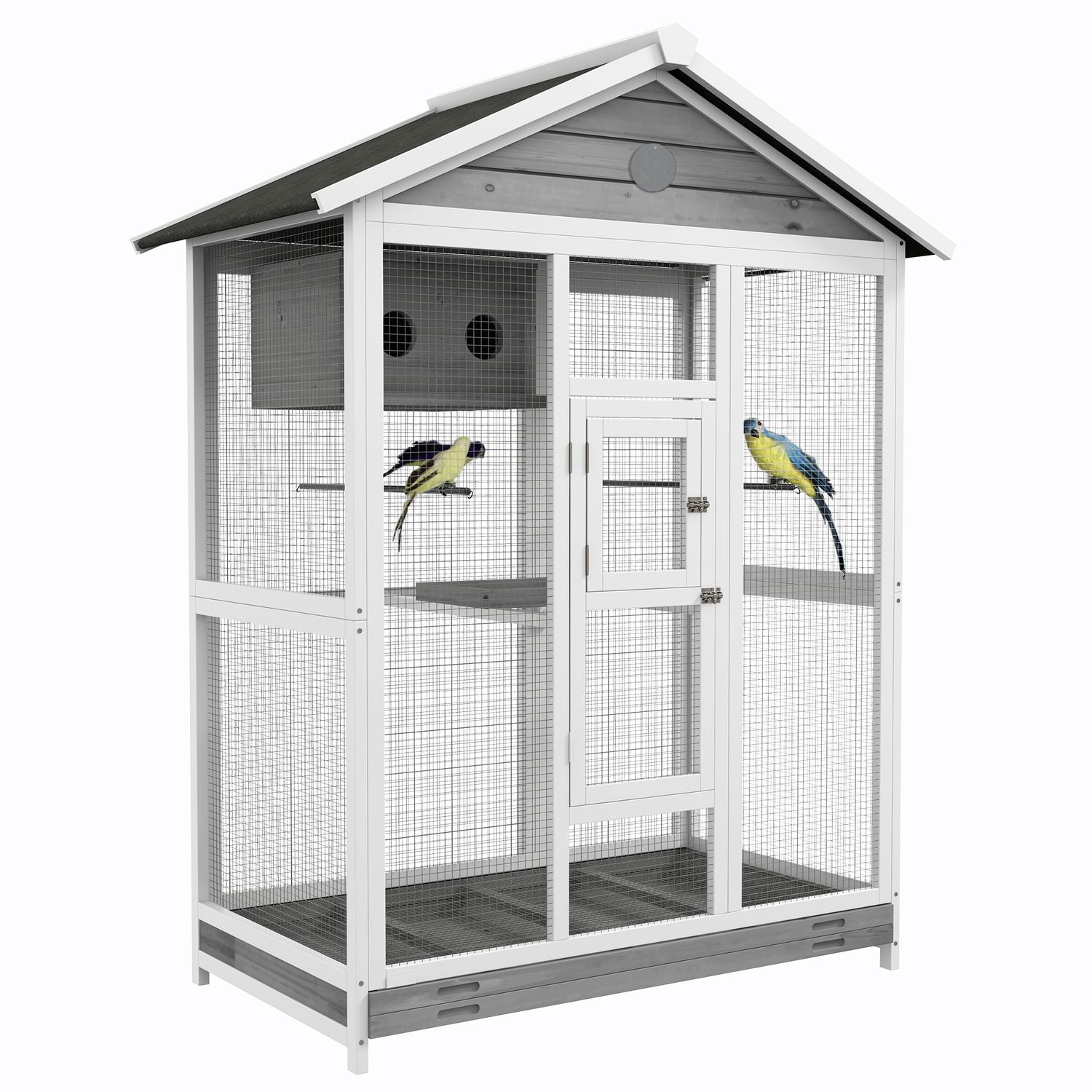 Grote vogelkooi met zitstokken en uittrekbare lade, vurenhout