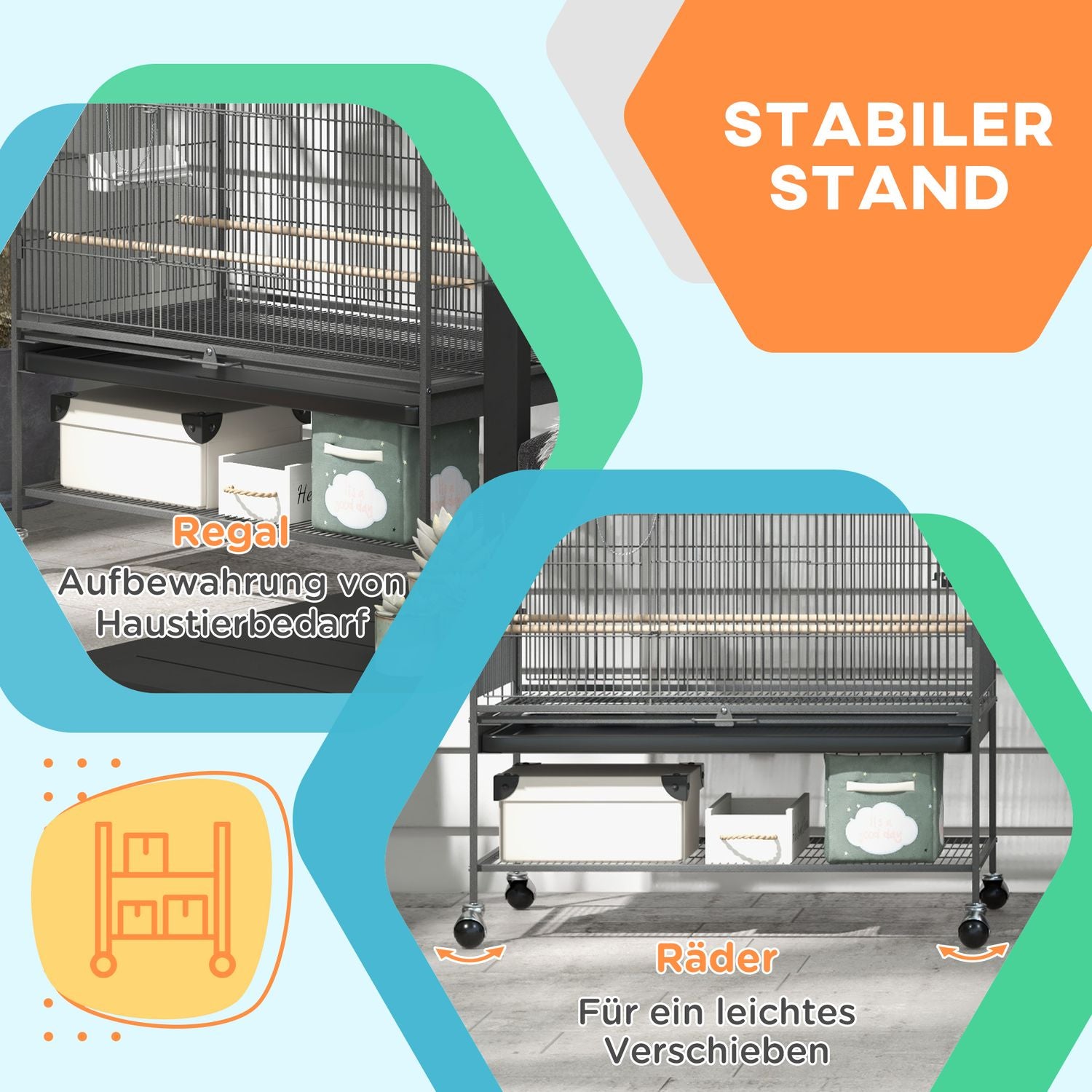 Stor grå fågelvoljär med sittpinnar och hjul, 94 x 57 x 153 cm