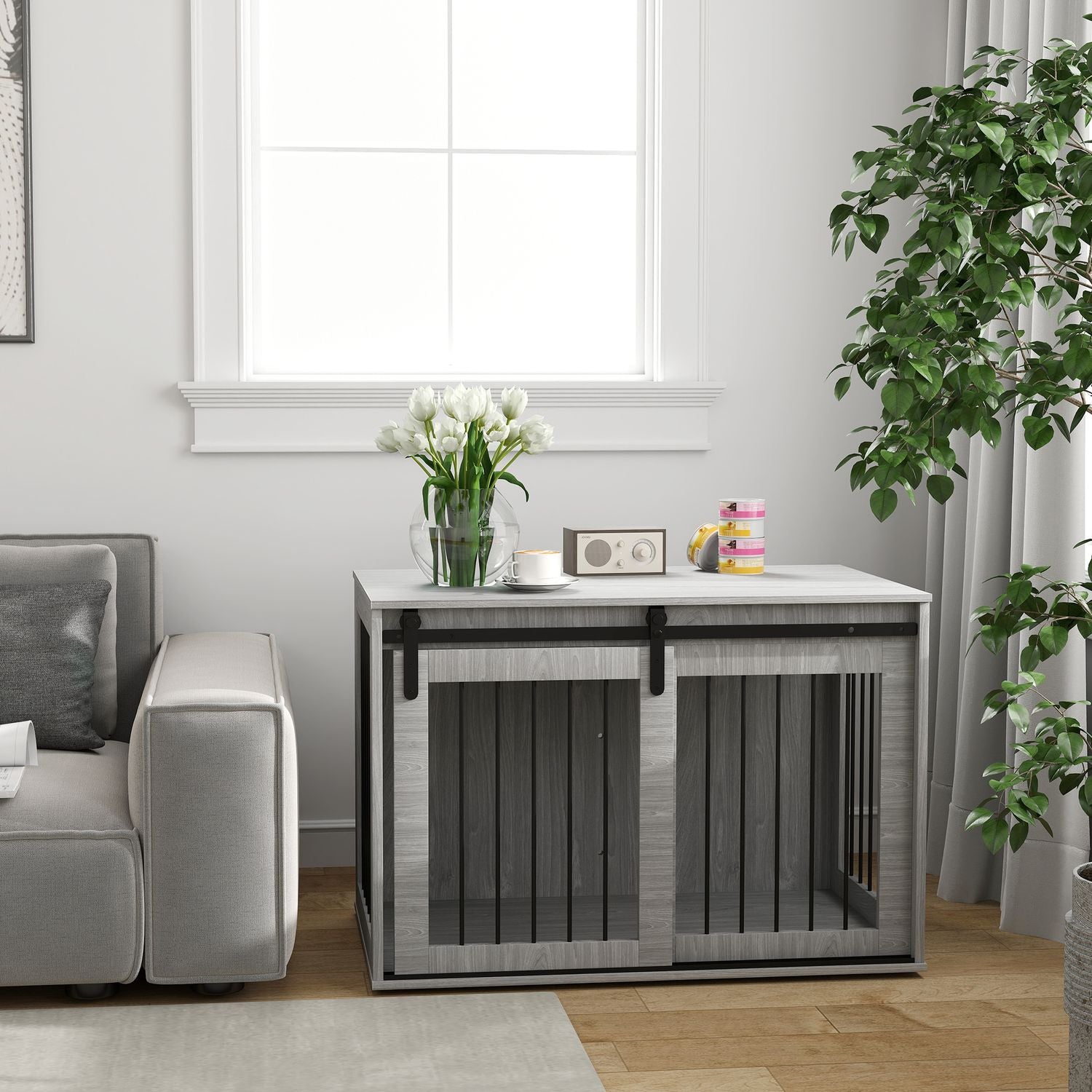 Stor grå hundbur med låsbar skjutdörr