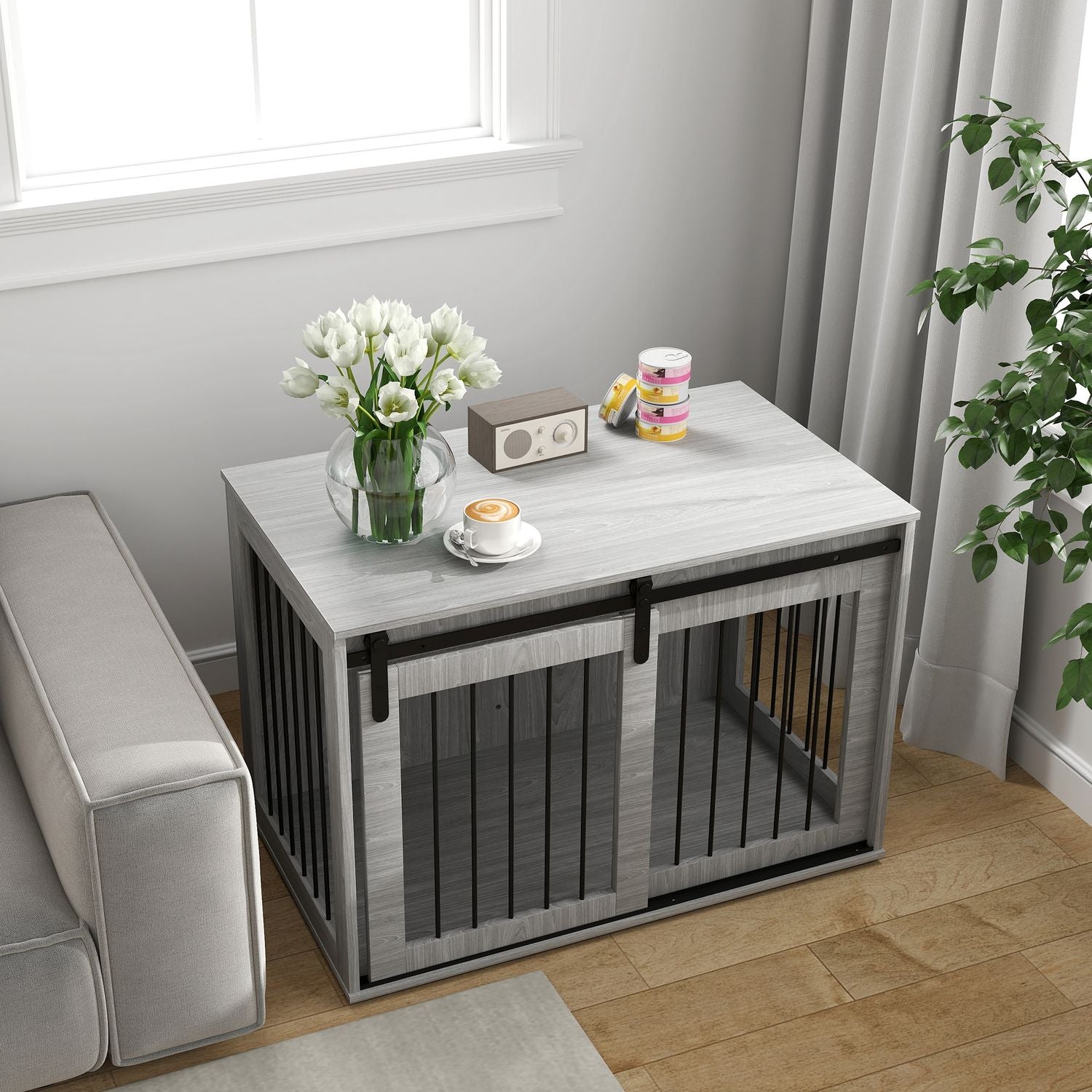 Stor grå hundbur med låsbar skjutdörr