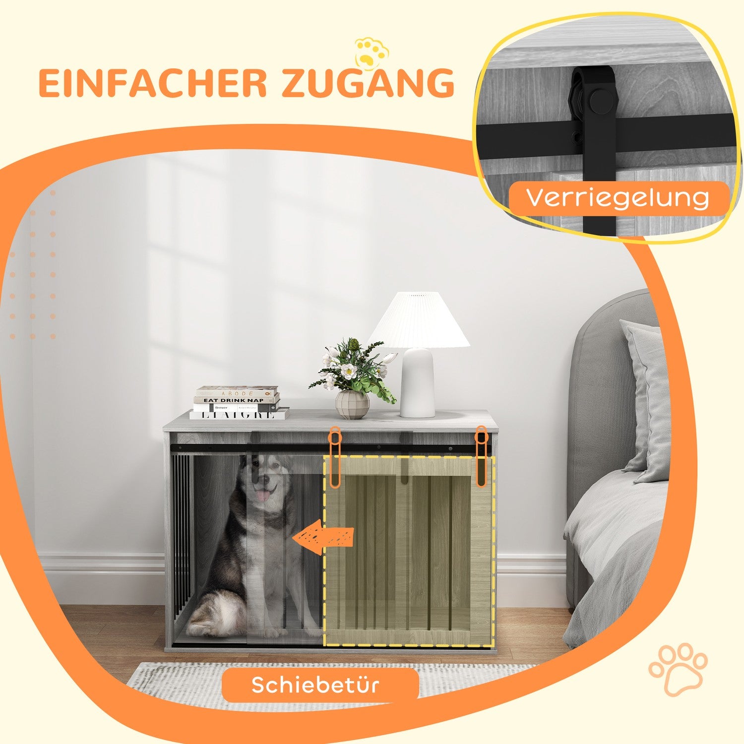 Stor grå hundbur med låsbar skjutdörr