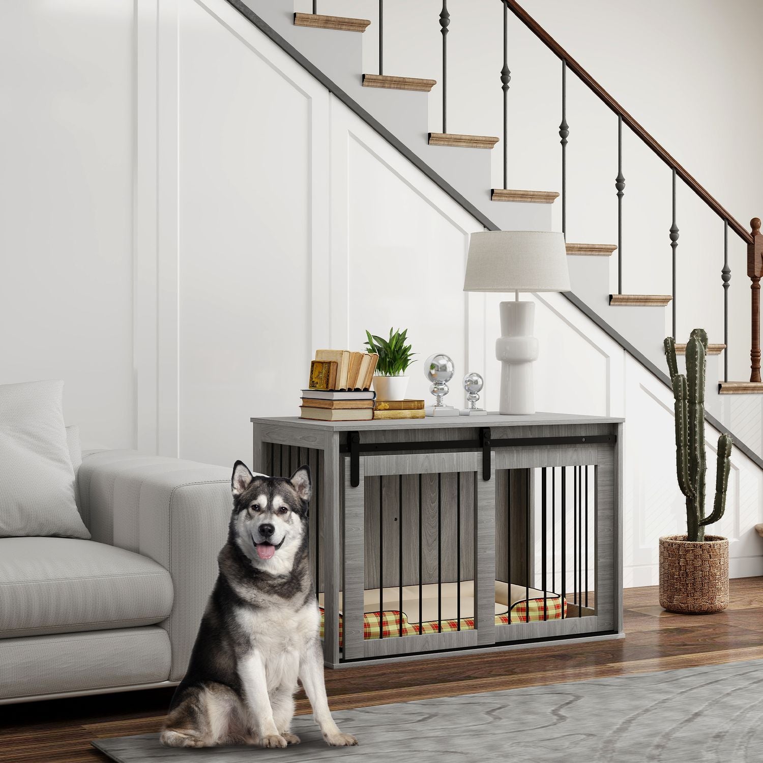 Stor grå hundbur med låsbar skjutdörr