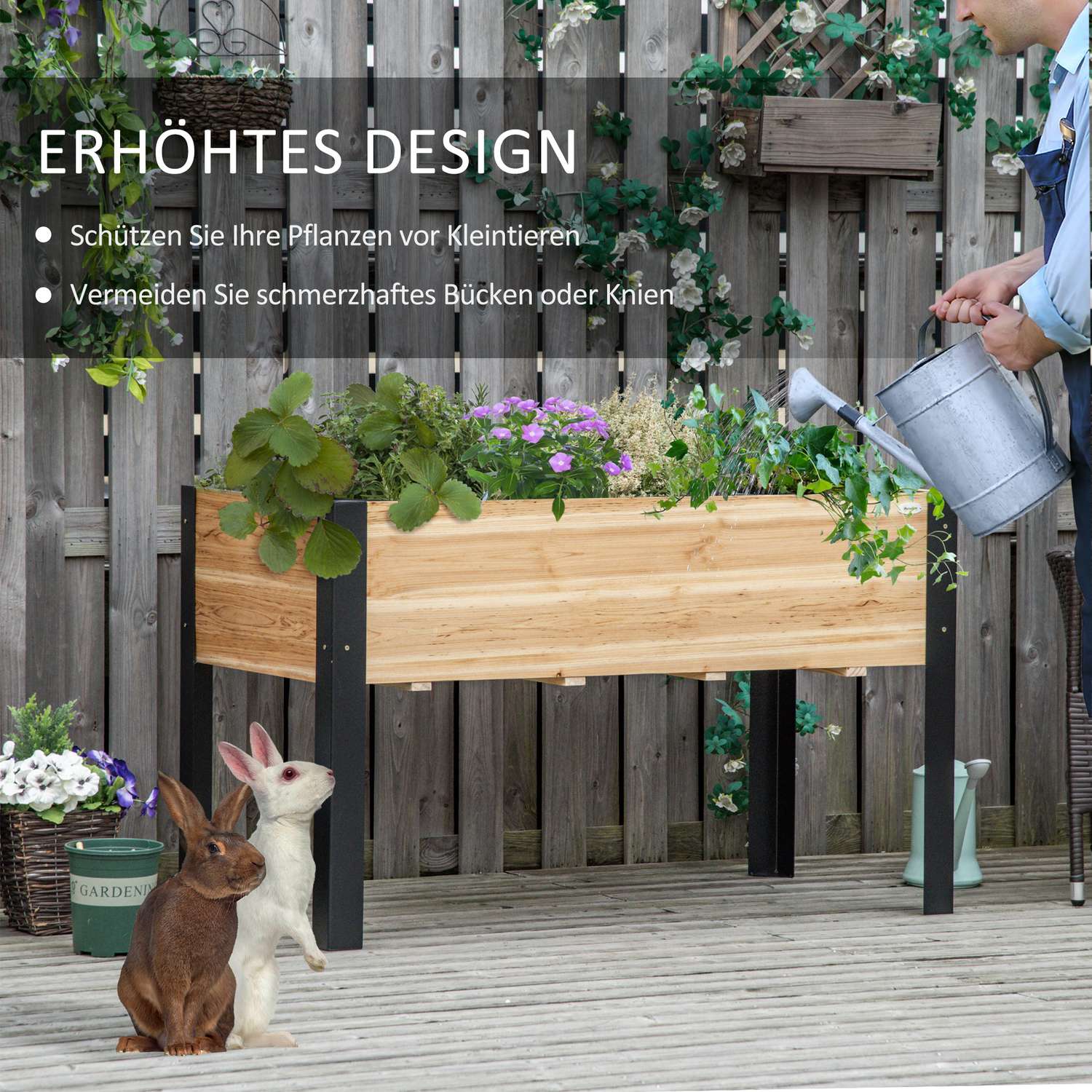 Stor trädgårdssäng i trä och stål, 120x60x74 cm, naturlig