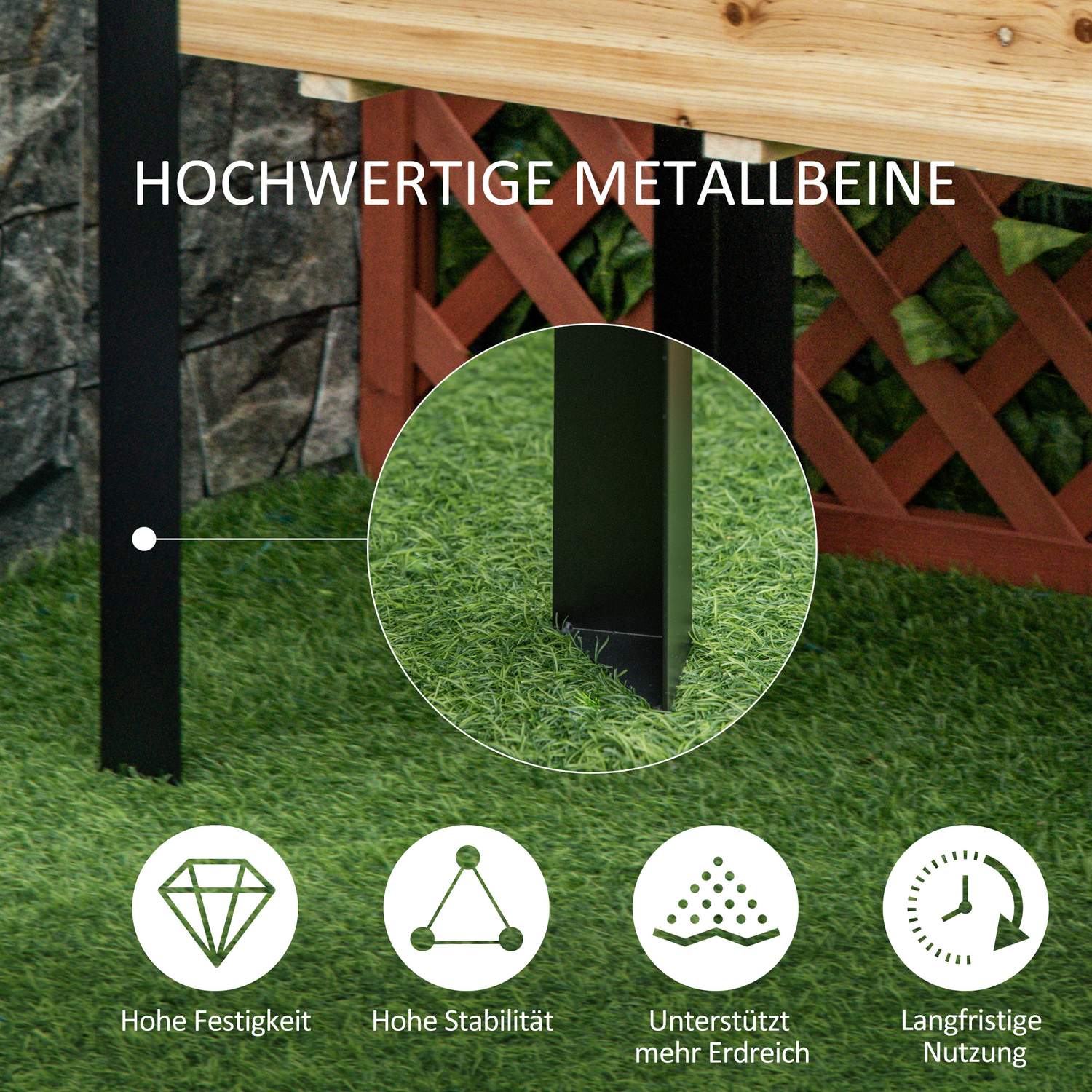 Stor trädgårdssäng i trä och stål, 120x60x74 cm, naturlig