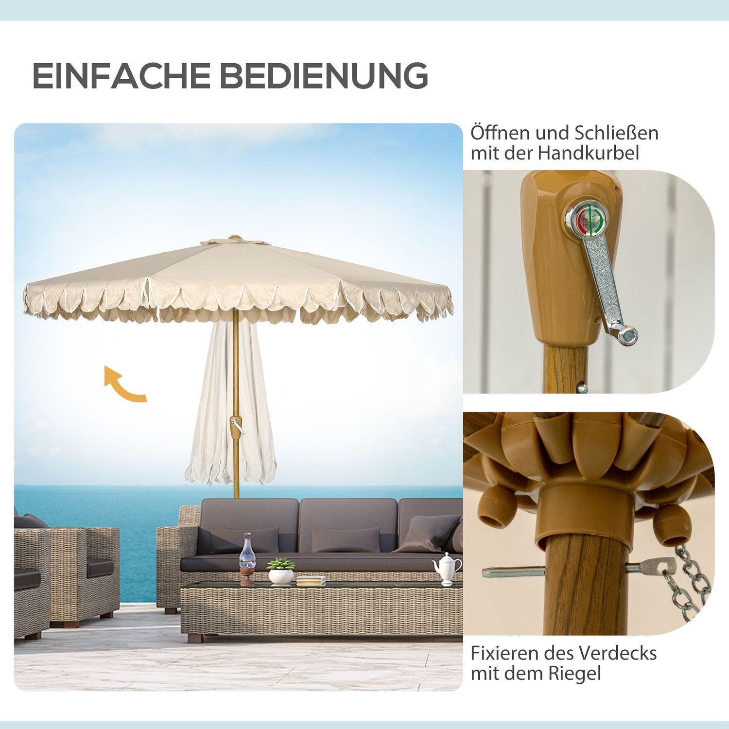 Strandparaply 265 Cm, fransdesign, justerbar lutning, kaki