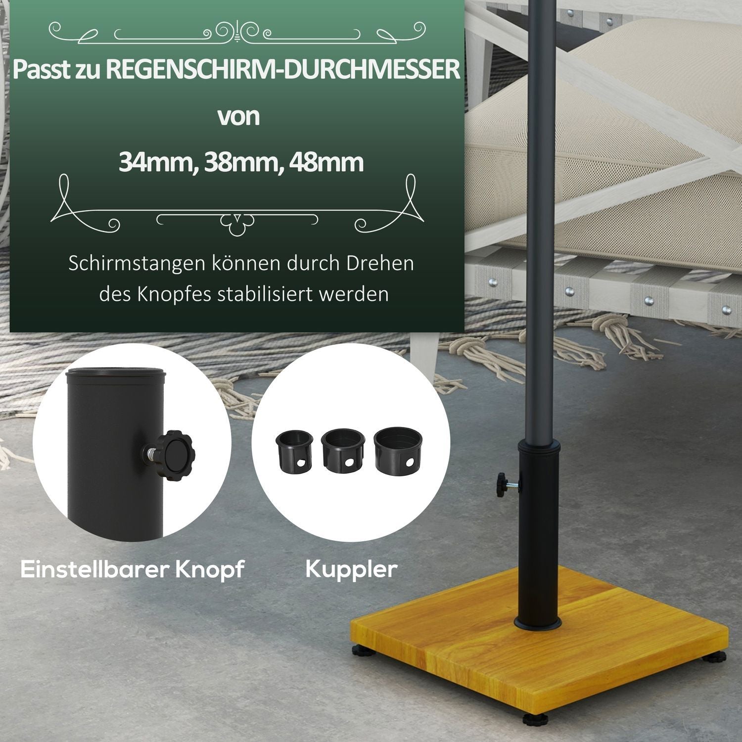 Parasollställ 25 Kg Parasollfot Med Justerbara Fotkuddar, Med Trälook För Stångdiameter Ø34/38/48 Mm, Cement, Gul