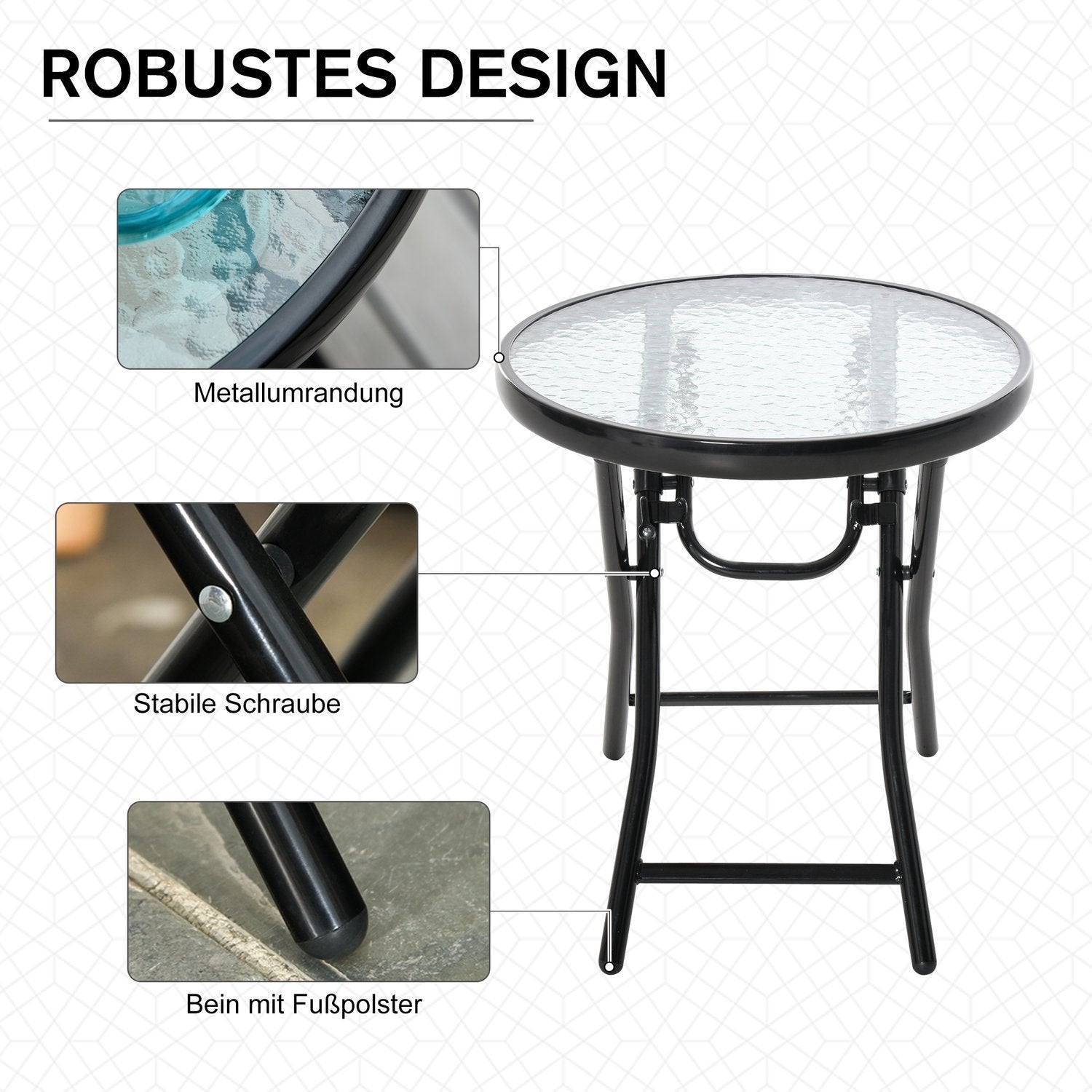 Runt Sidobord Trädgårdsbord Vikbar Glasskiva Metall Svart Diameter 45 Cm