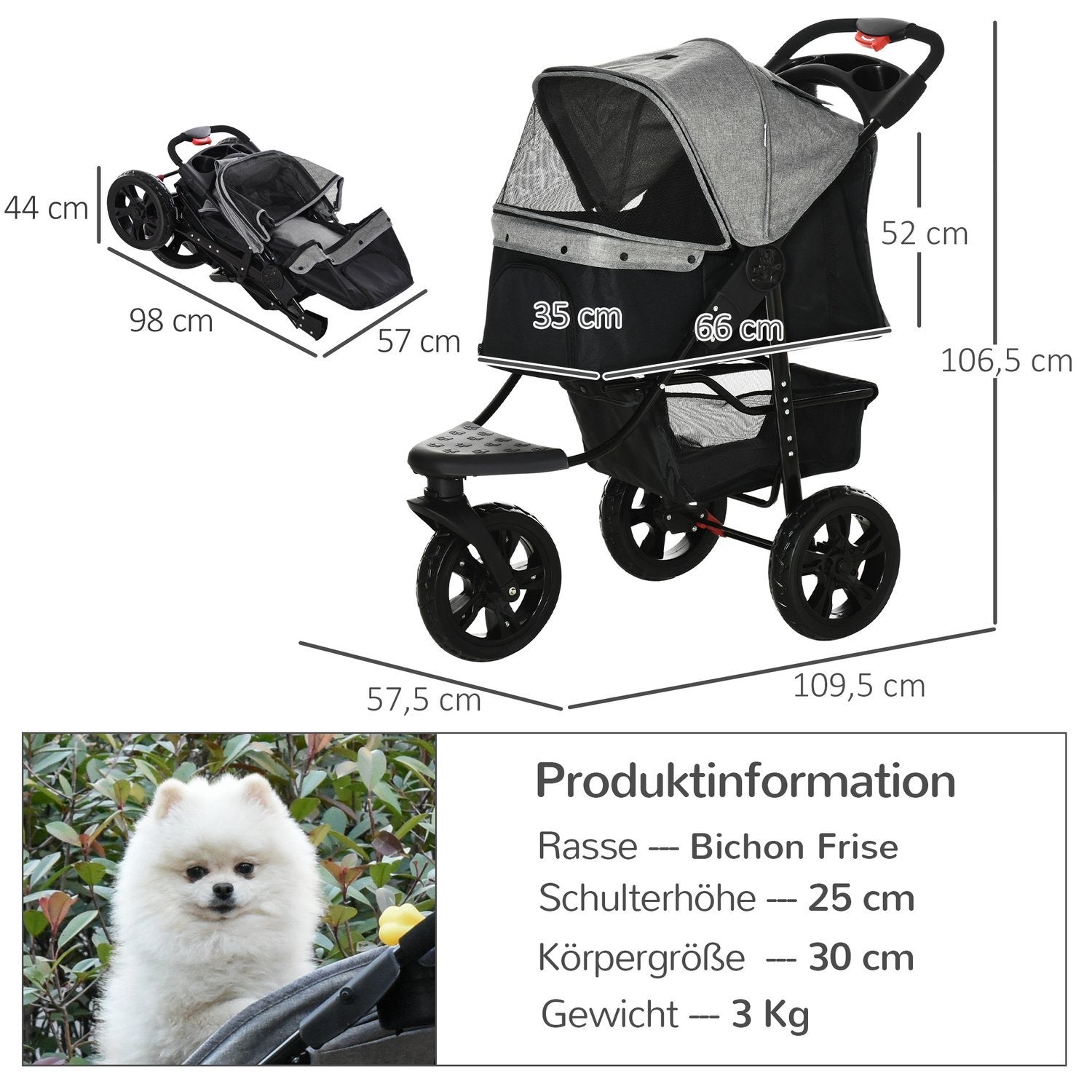 Dog Buggy Praktisk Husdjursvagn Med 3 Hjul, Hopfällbar, Idealisk För Hundar Och Katter, Oxford, Grå+Svart, 109,5X57,5X106,5Cm