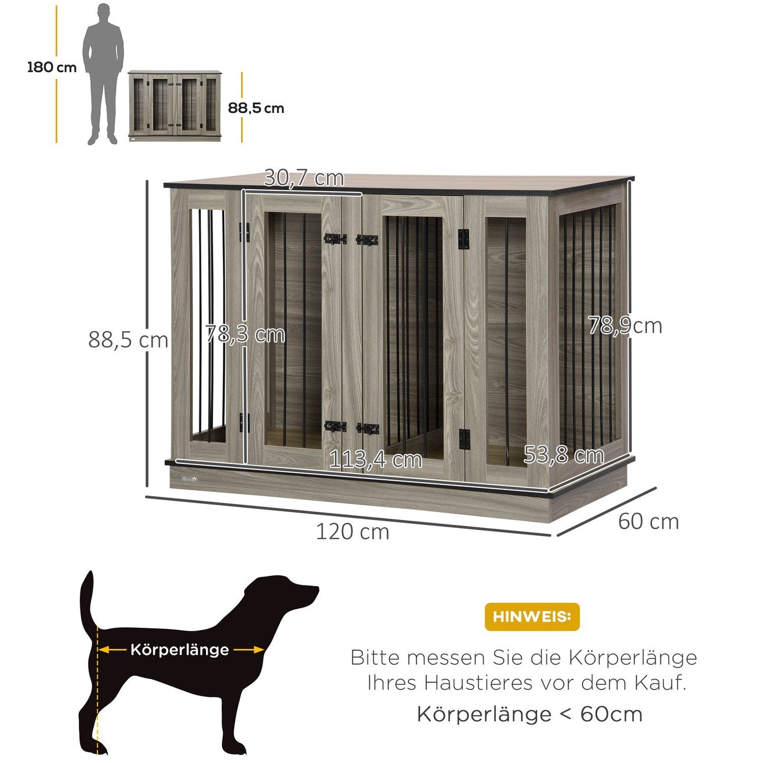 Hundbur Husdjursbur Med Avtagbar Avdelare Hundlåda Djurbur Hundhus Inredning Mörk Valnöt + Ek 120 X 60 X 88,5 Cm