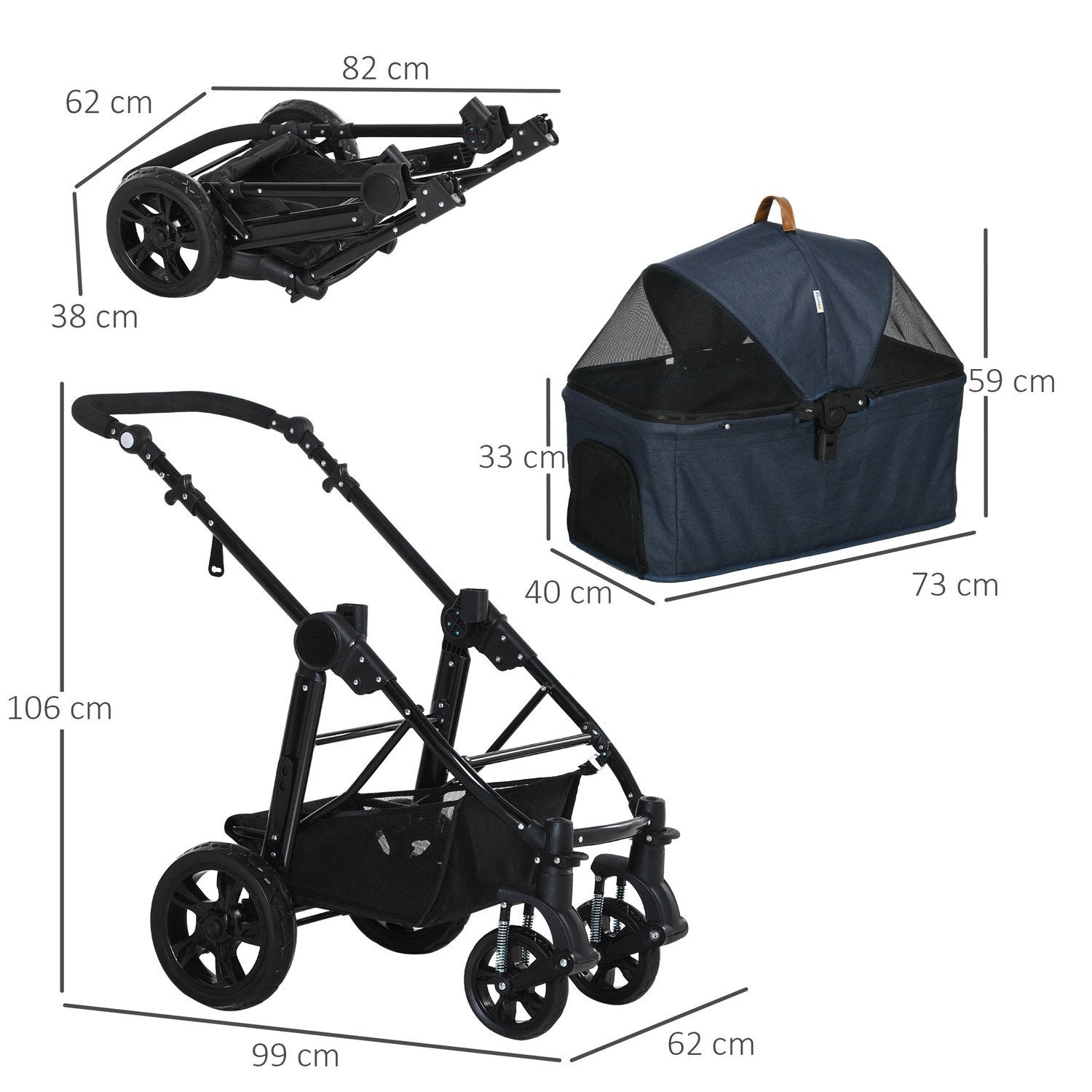 Hundvagn 2 I 1 Transportväska För Hundvagn, Hopfällbar Kattvagn, Hundlåda, Kattvagn Med Nätfönster, Upp Till 10 Kg, Oxford, Mörkblå