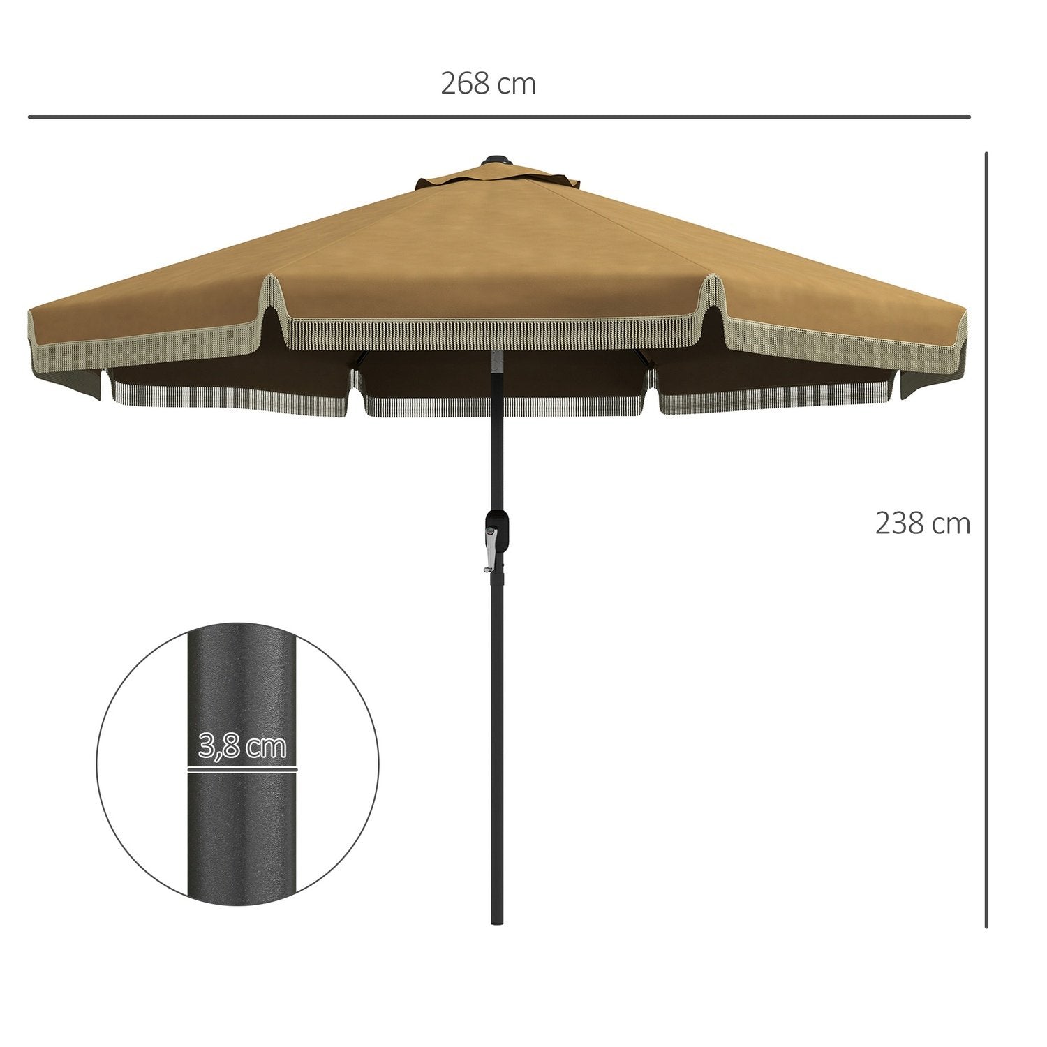 Parasoll Diameter 265 Cm Uteplats Paraply Med Fransar Lutande Strandparasoll Med 8 Revben För Trädgårdsbalkong Khaki