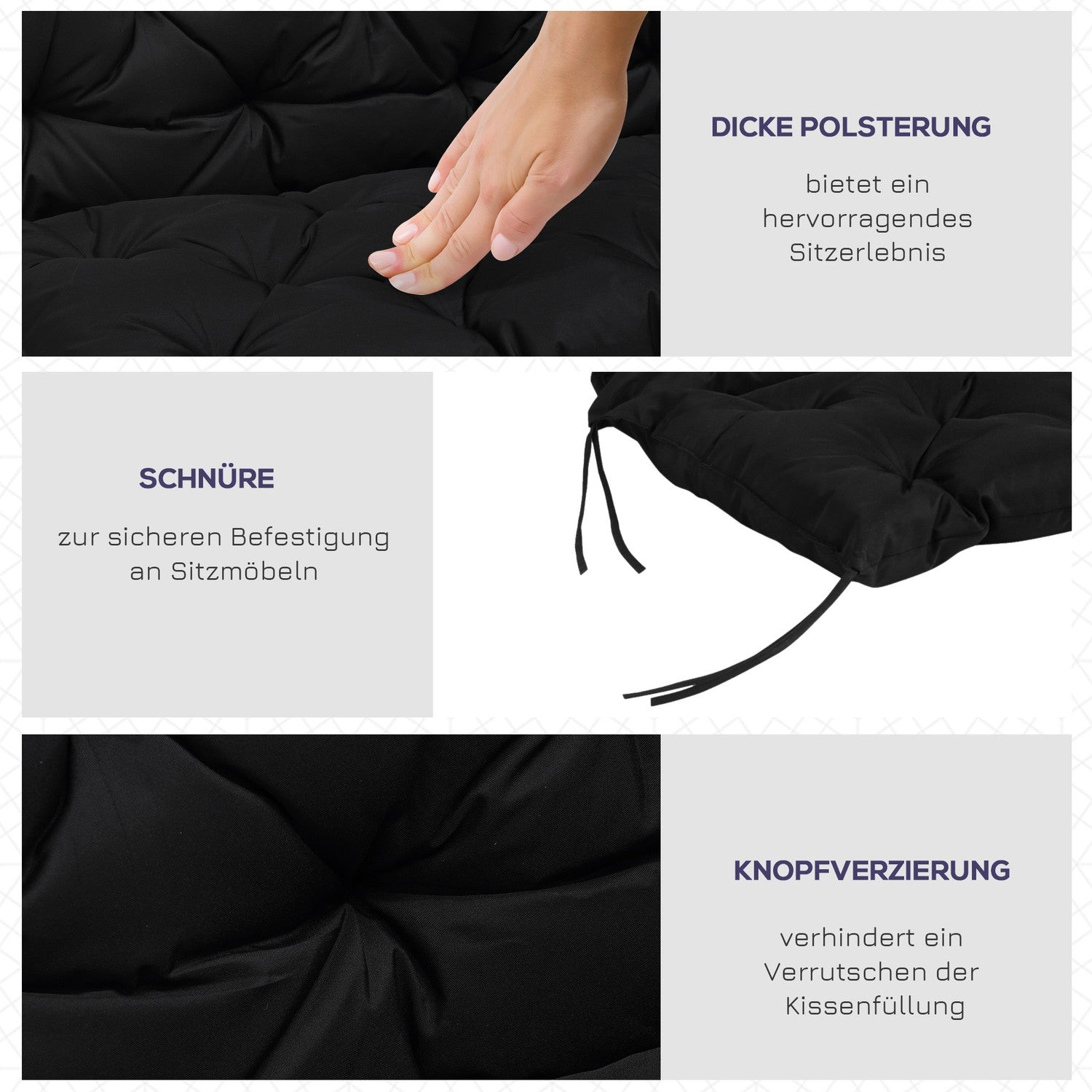 Svart 3-sits bänkkudde med remmar – 100x98x8 cm