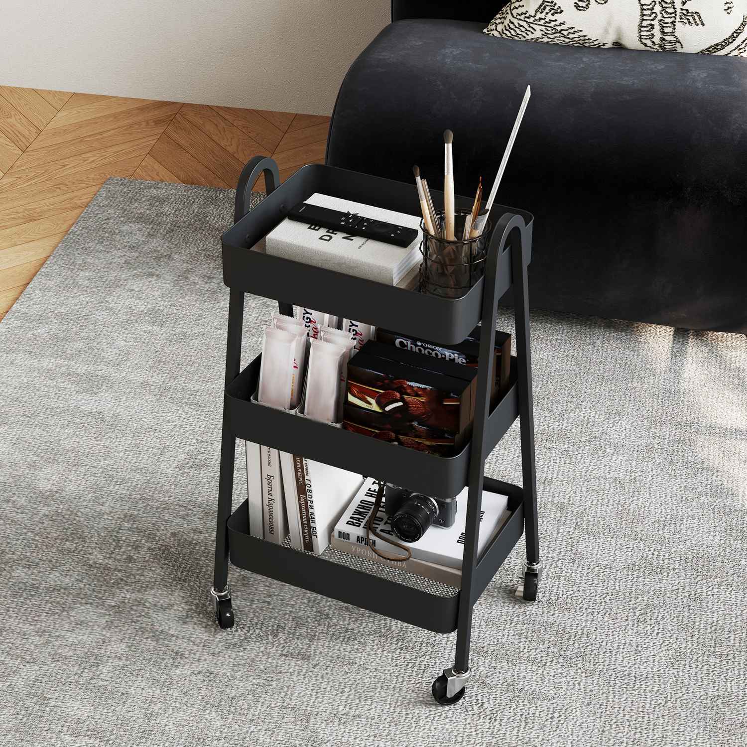 Svart 3-vånings köksvagn med hjul och broms