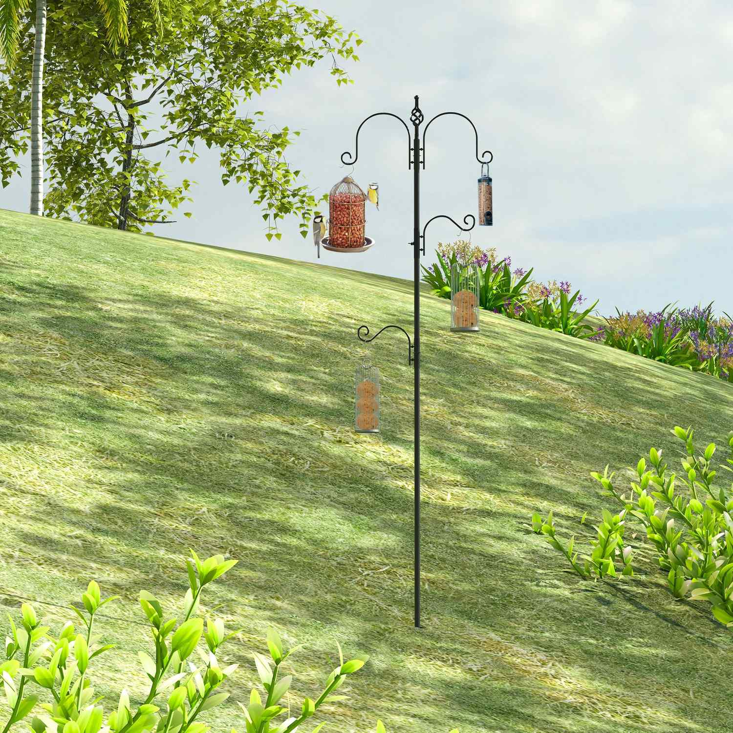 Svart fågelmatningsstation, 4 krokar, 54,5 x 208 cm