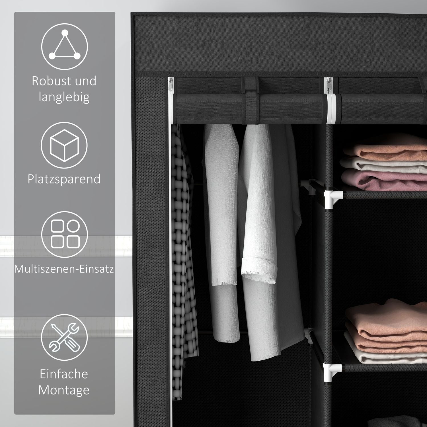 Svart garderob i tyg med skenor och lådor