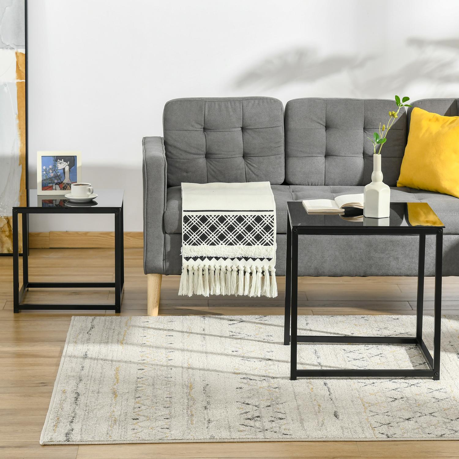 Svart häckande soffbordsset – Glasskiva, stålram