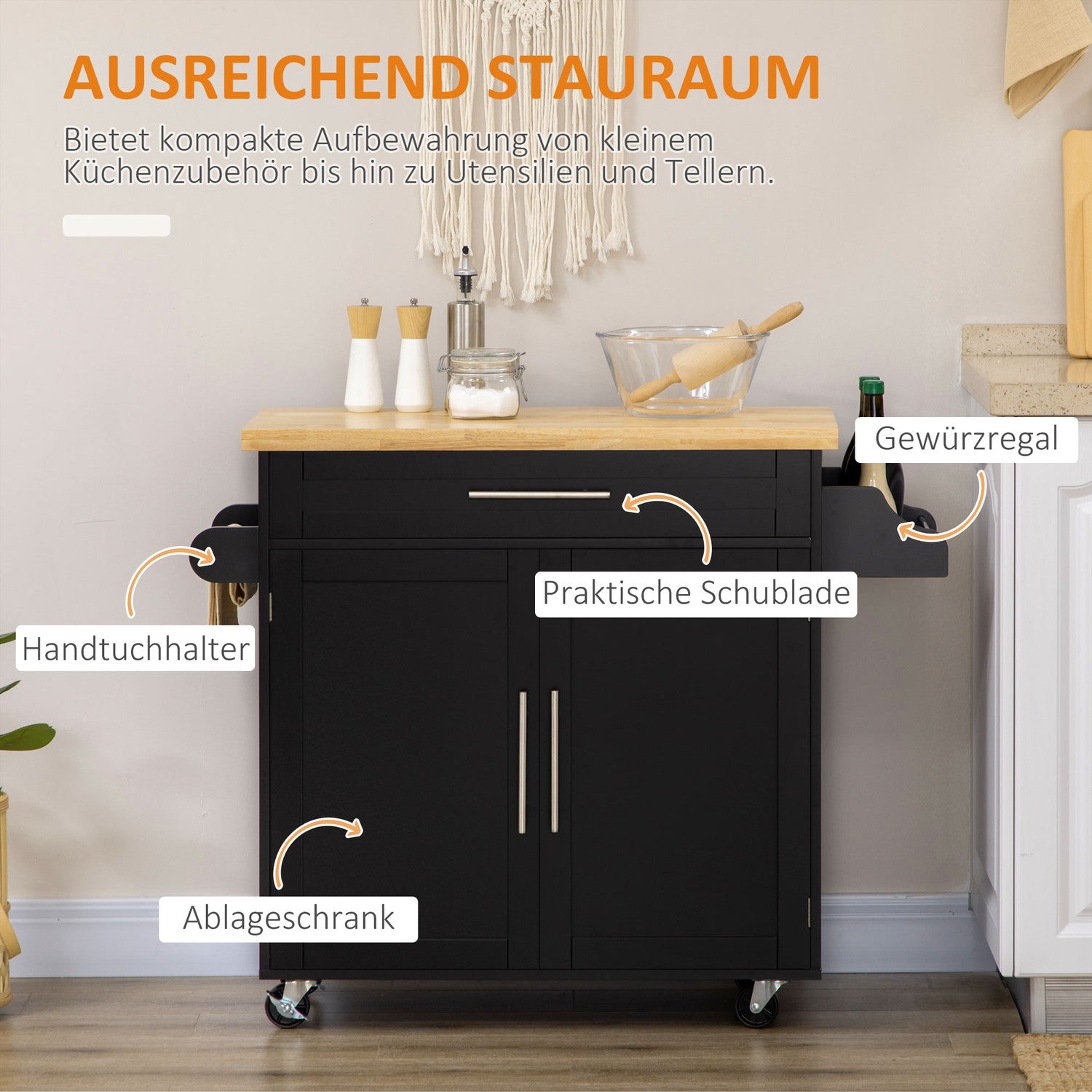 Svart köksvagn med bänkskiva, kryddställ & handdukshållare