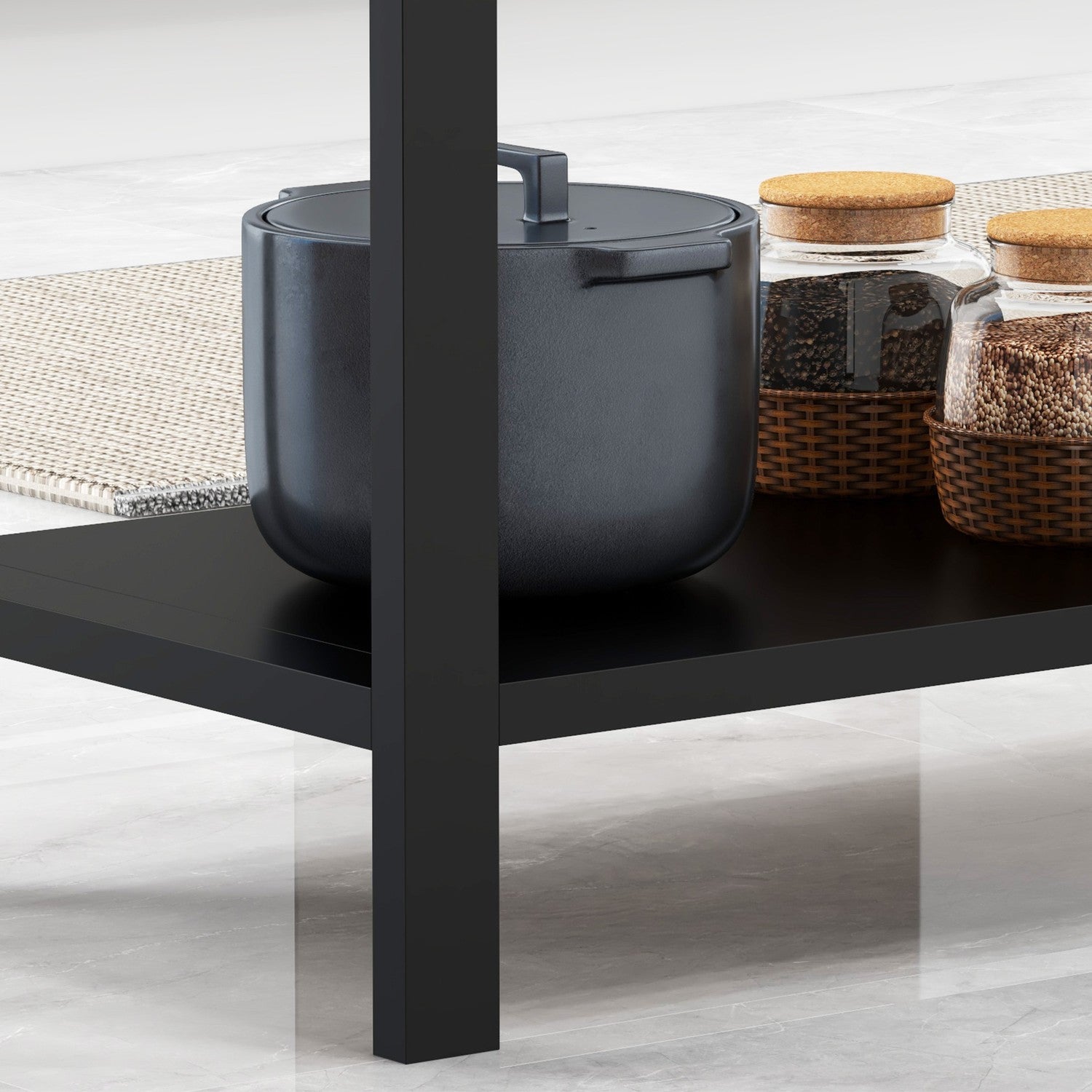 Svart köksvagn med hjul och krokar, rostfritt stål