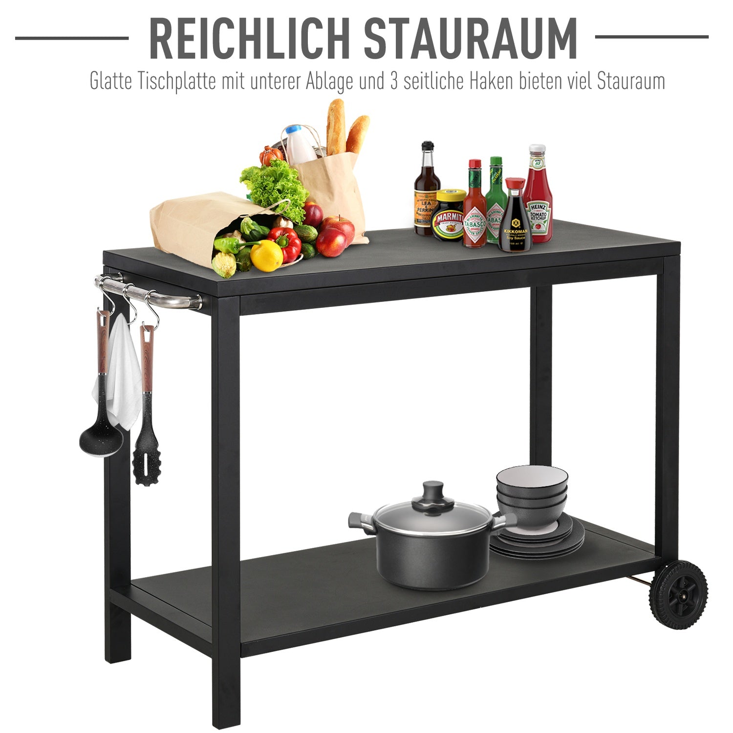Svart köksvagn med hjul och krokar, rostfritt stål