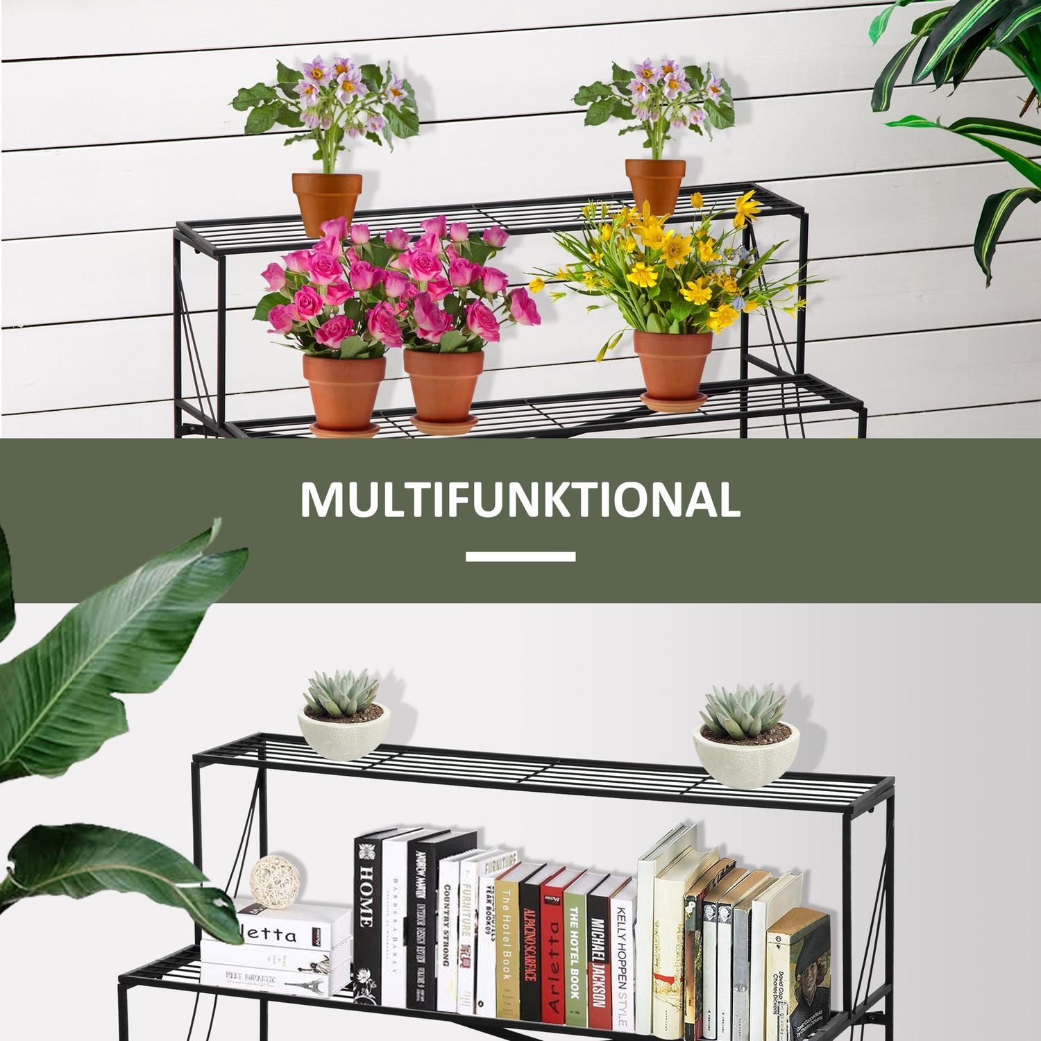 Svart metall 3-vånings växtställ för trädgård och balkong