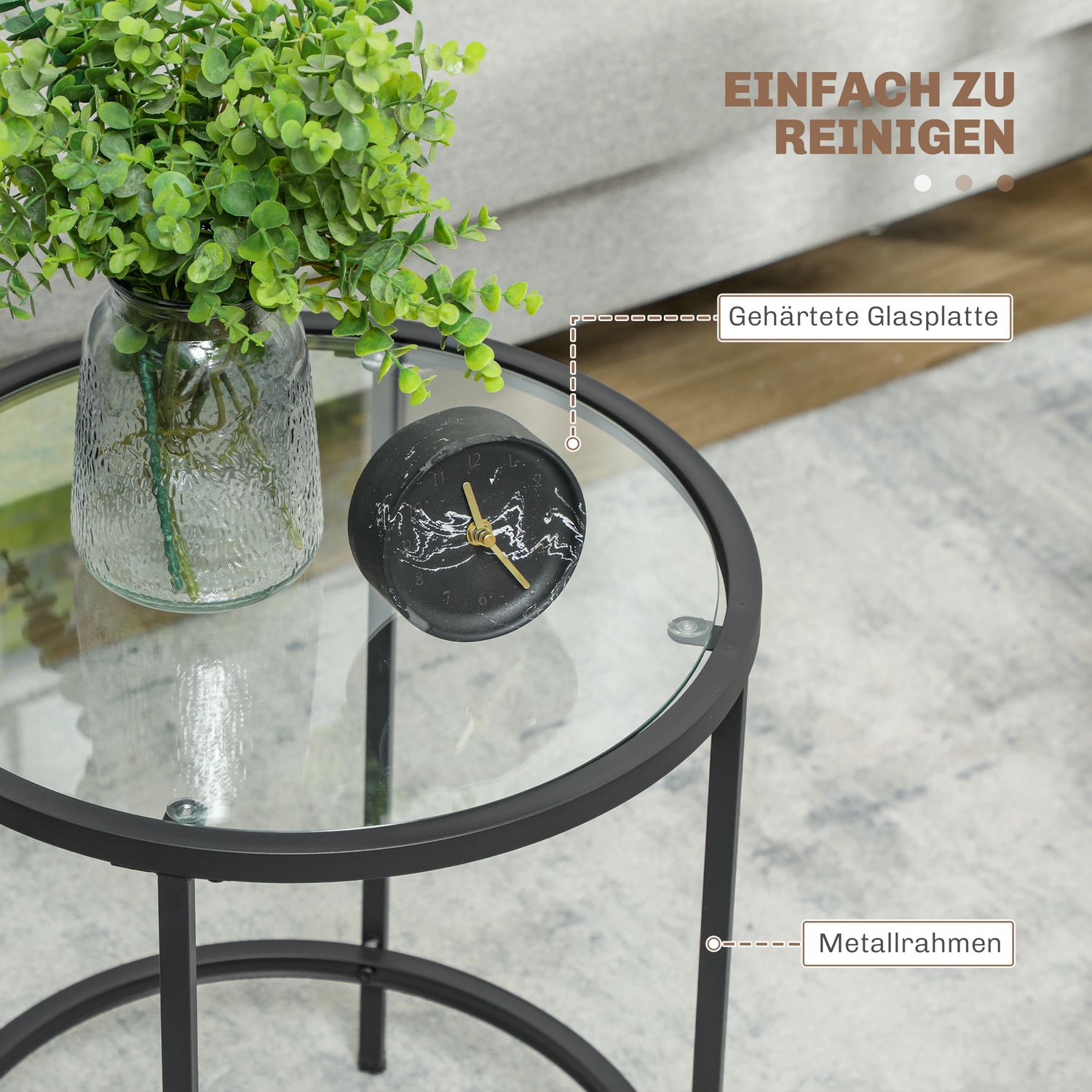 Svart runt sidobord – Glasskiva, metallstomme, Ø48 x 54,7 cm