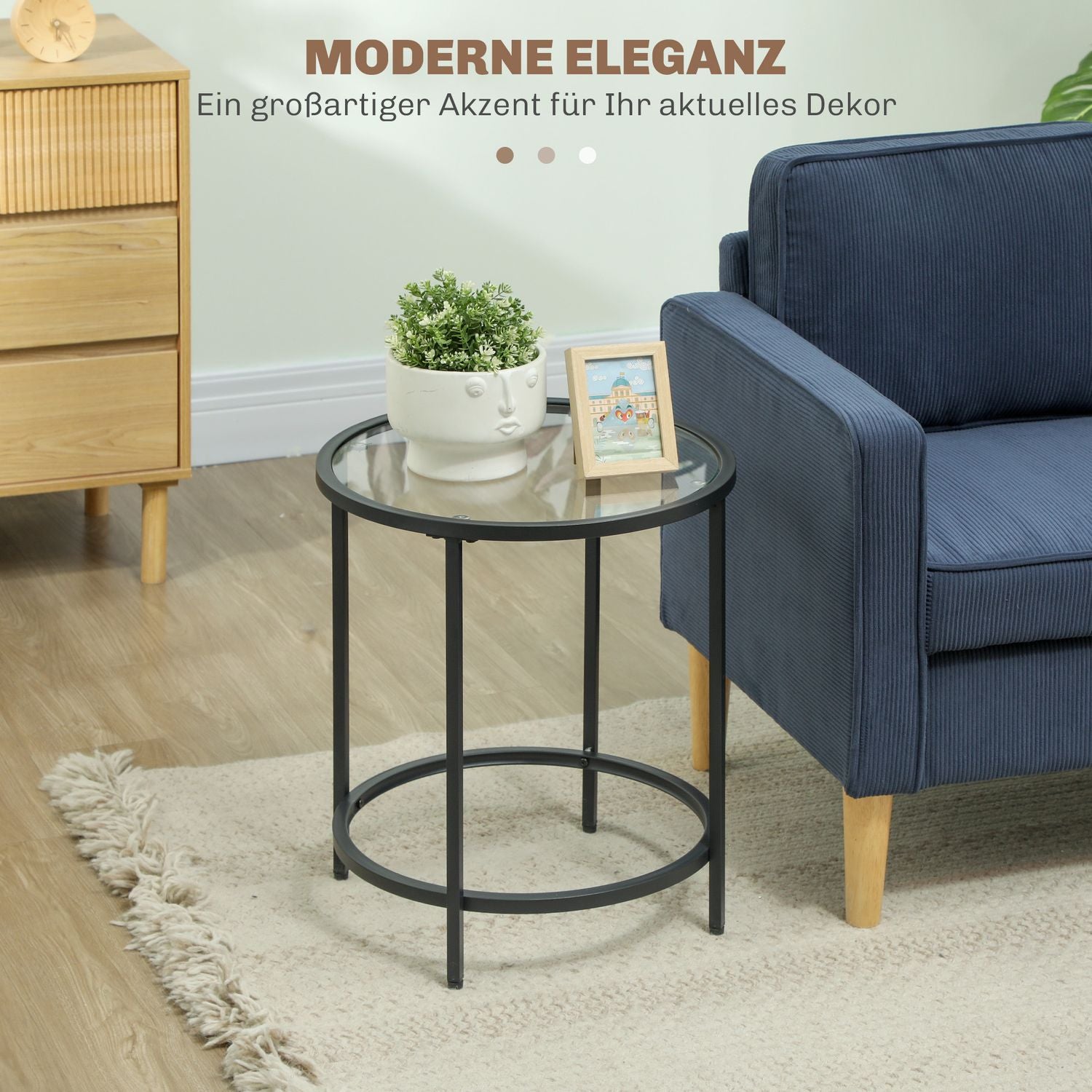 Svart runt sidobord – Glasskiva, metallstomme, Ø48 x 54,7 cm