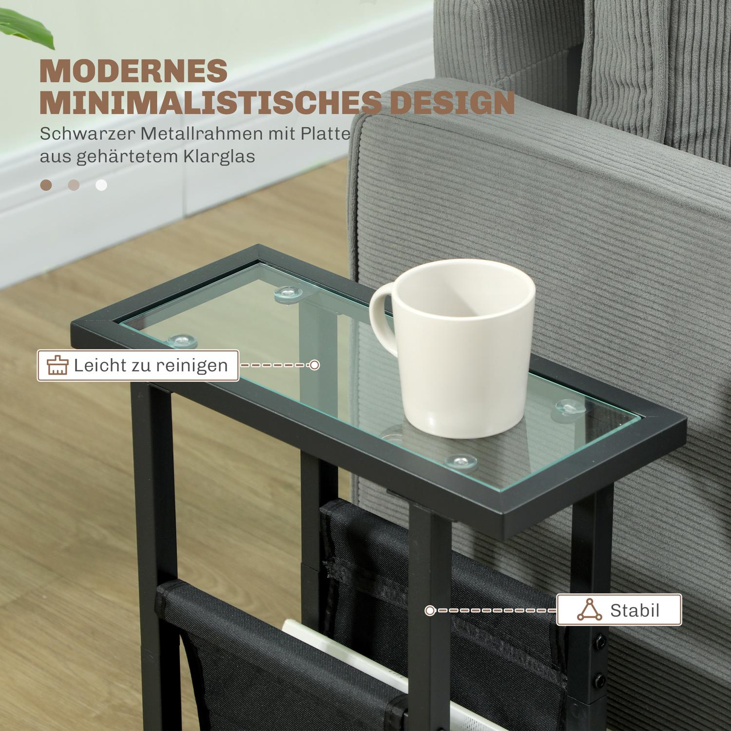 Svart sidobord i metall och glas med förvaringsväska i tyg