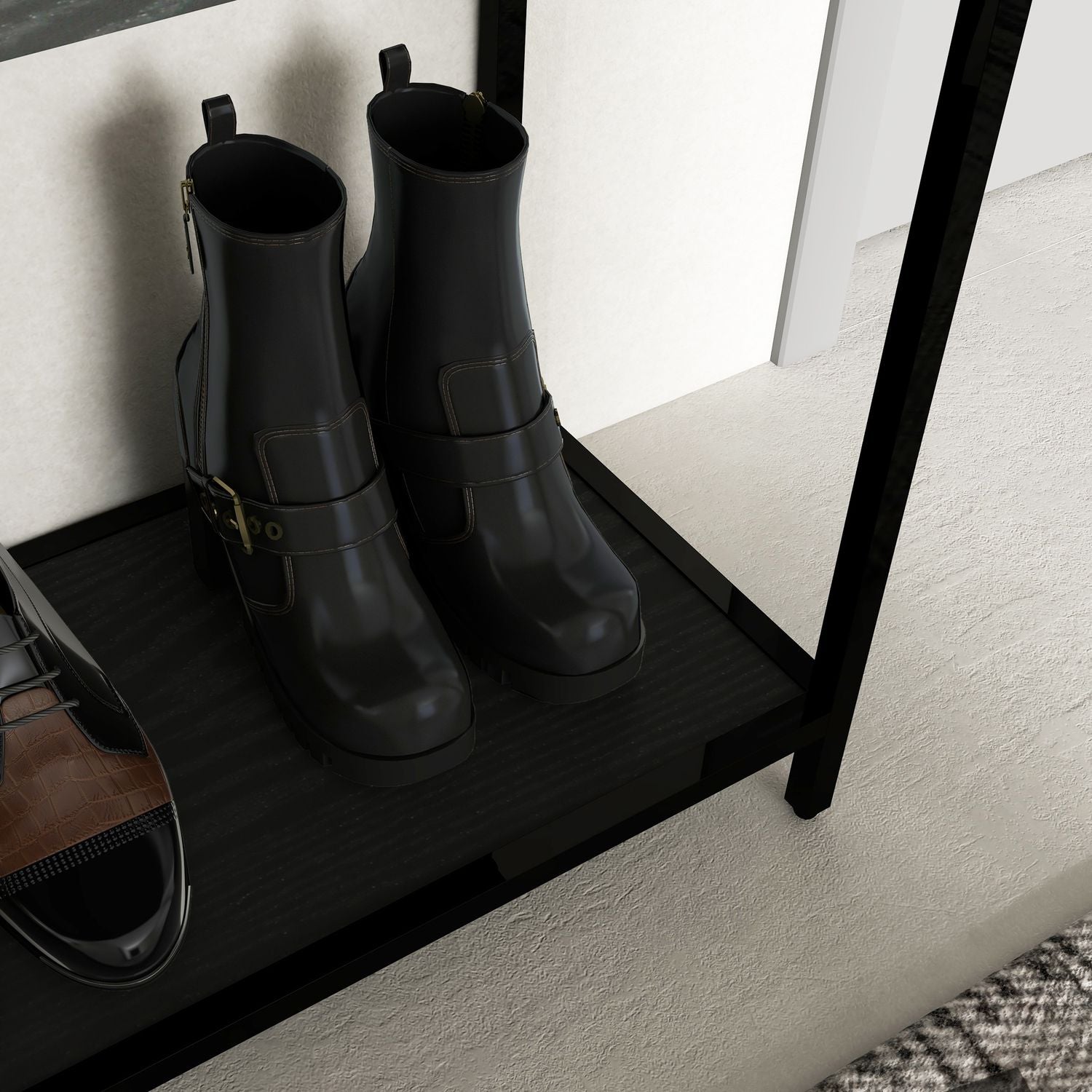 Svart stålkonsolbord med glasskiva och 2 hyllplan – 100x30x78 cm