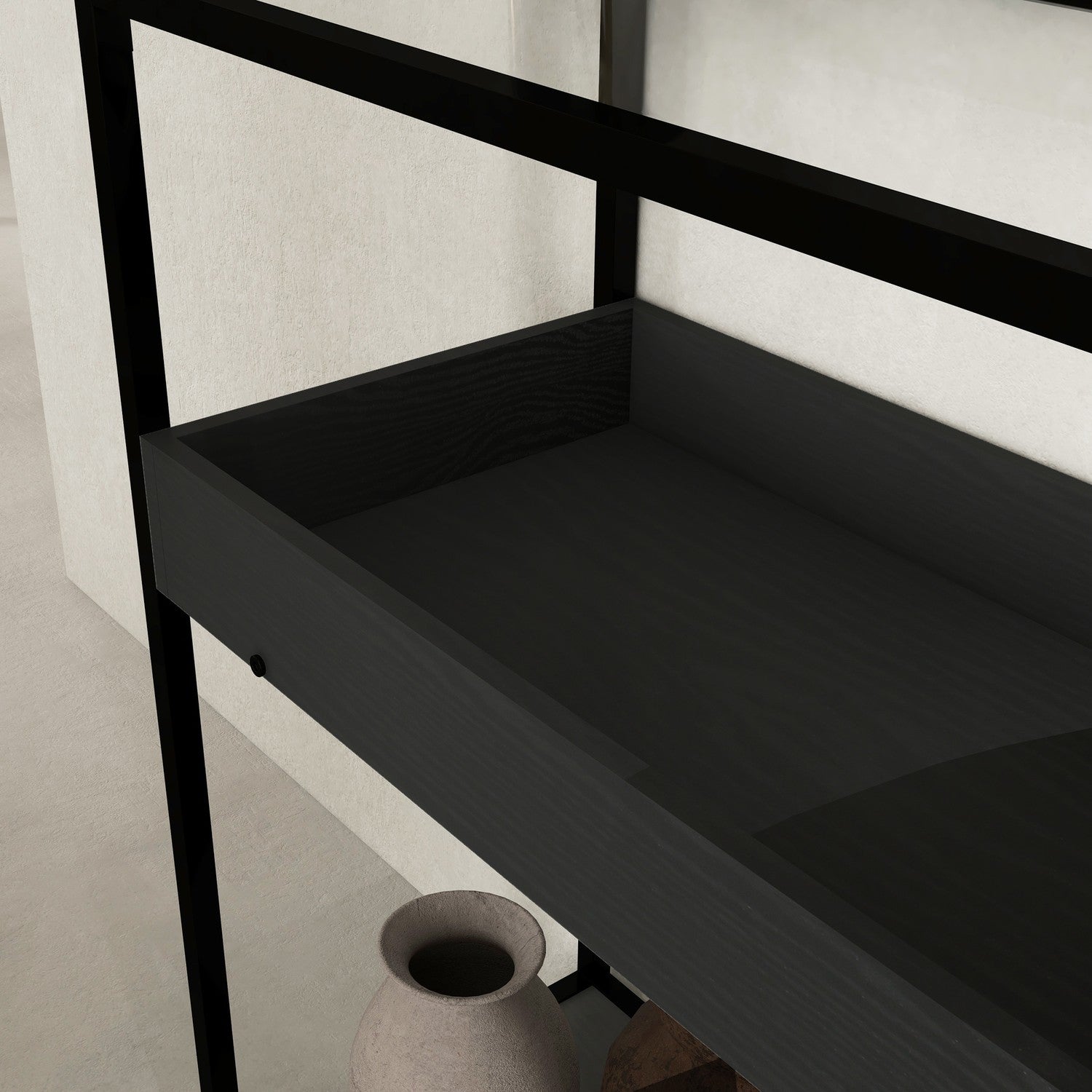 Svart stålkonsolbord med glasskiva och 2 hyllplan – 100x30x78 cm