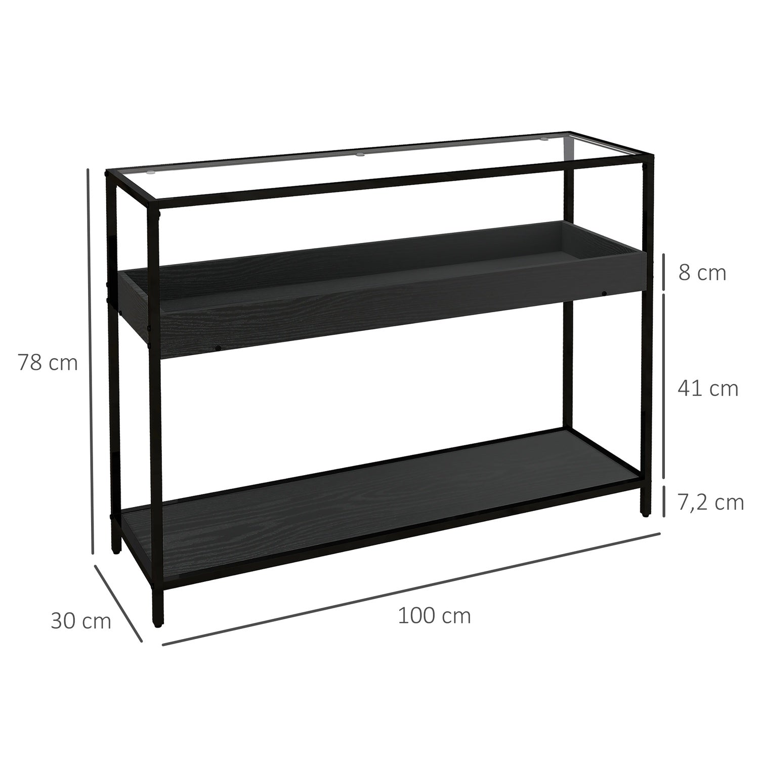 Svart stålkonsolbord med glasskiva och 2 hyllplan – 100x30x78 cm