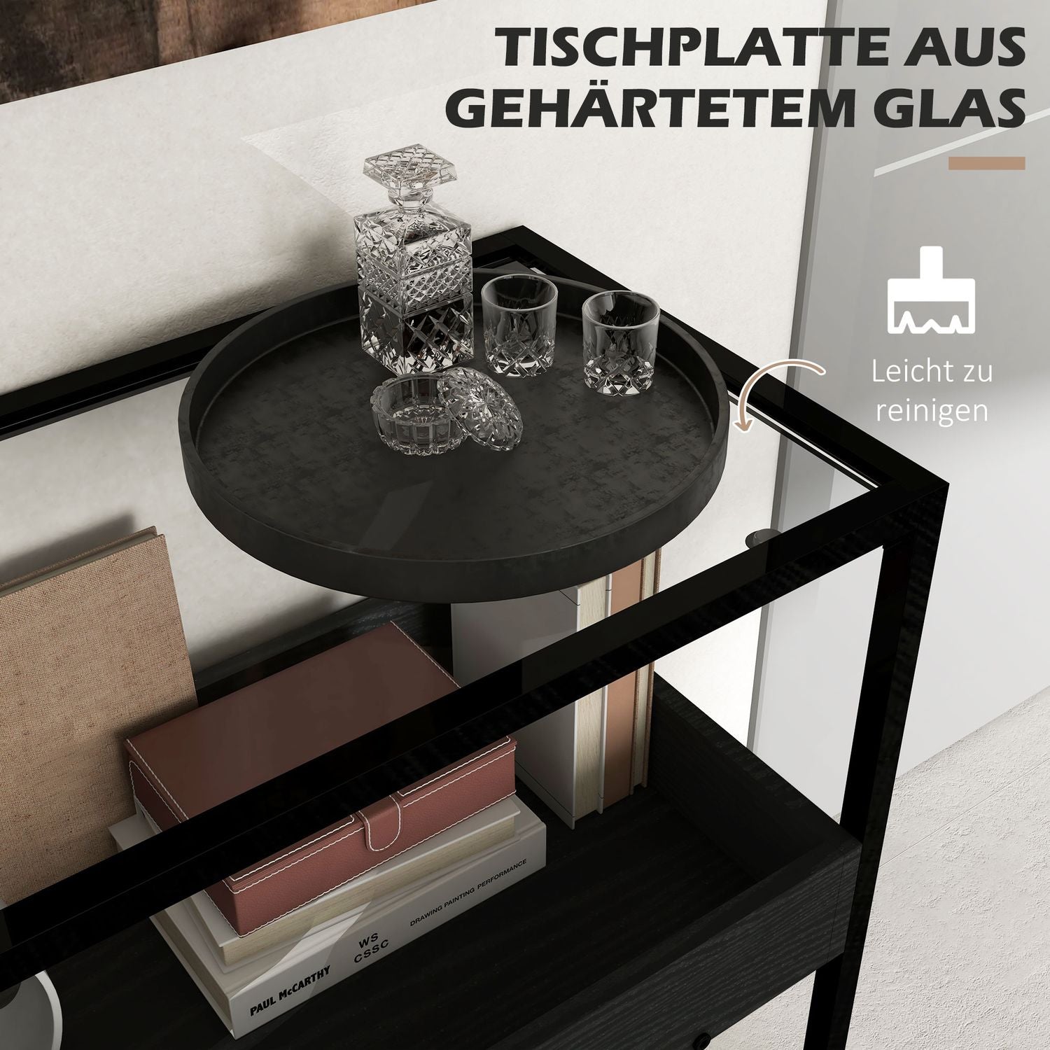 Svart stålkonsolbord med glasskiva och 2 hyllplan – 100x30x78 cm