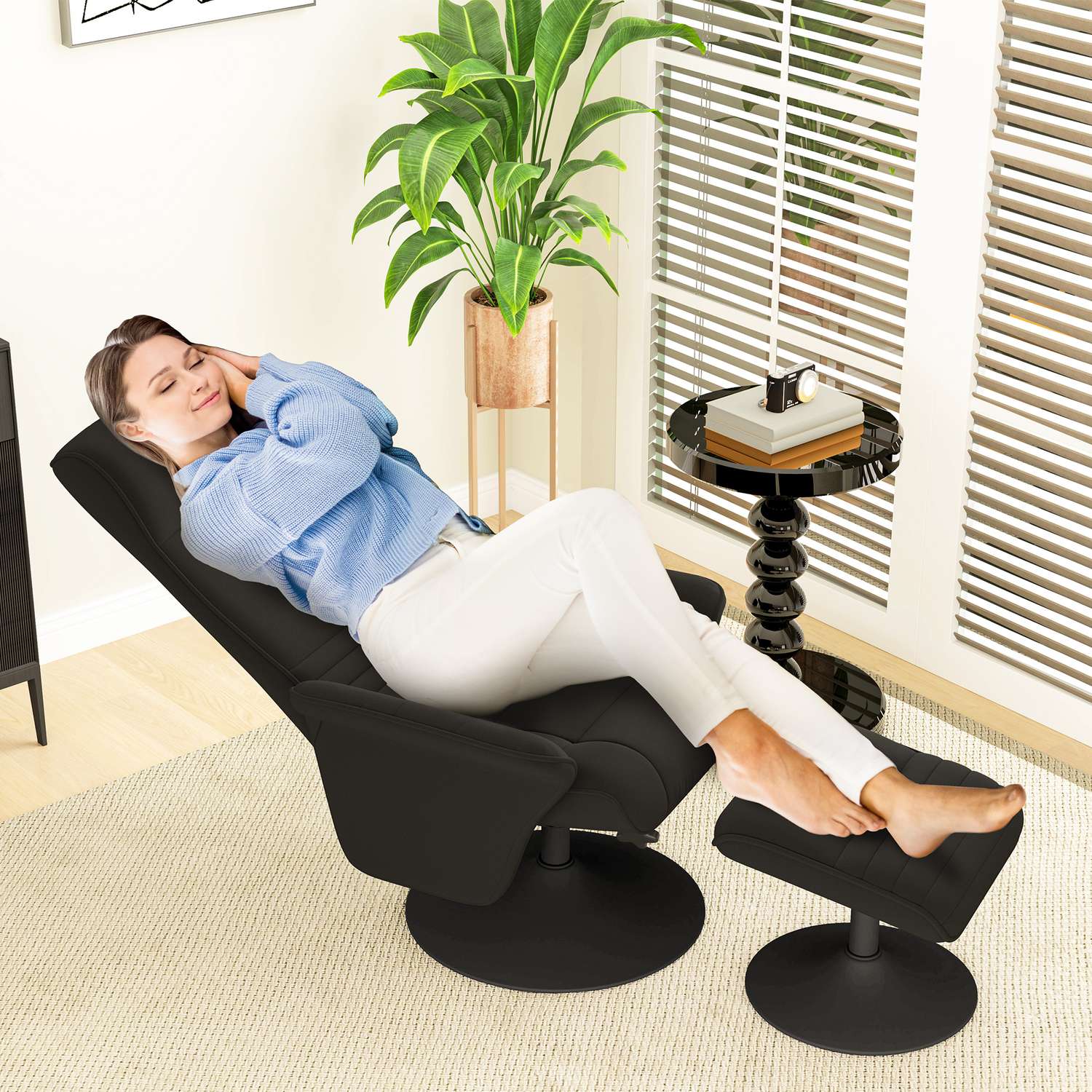 Svart vilstol i mikrofiber med pall, 150 kg Kapacitet