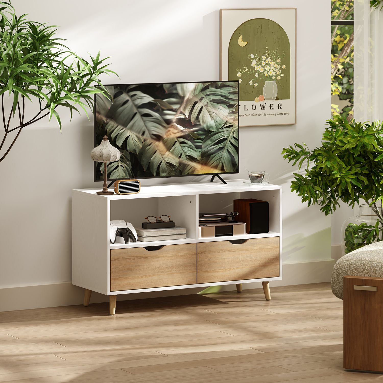 TV-skåp Lowboard, 99 cm, 2 hyllplan & Låda, Vit