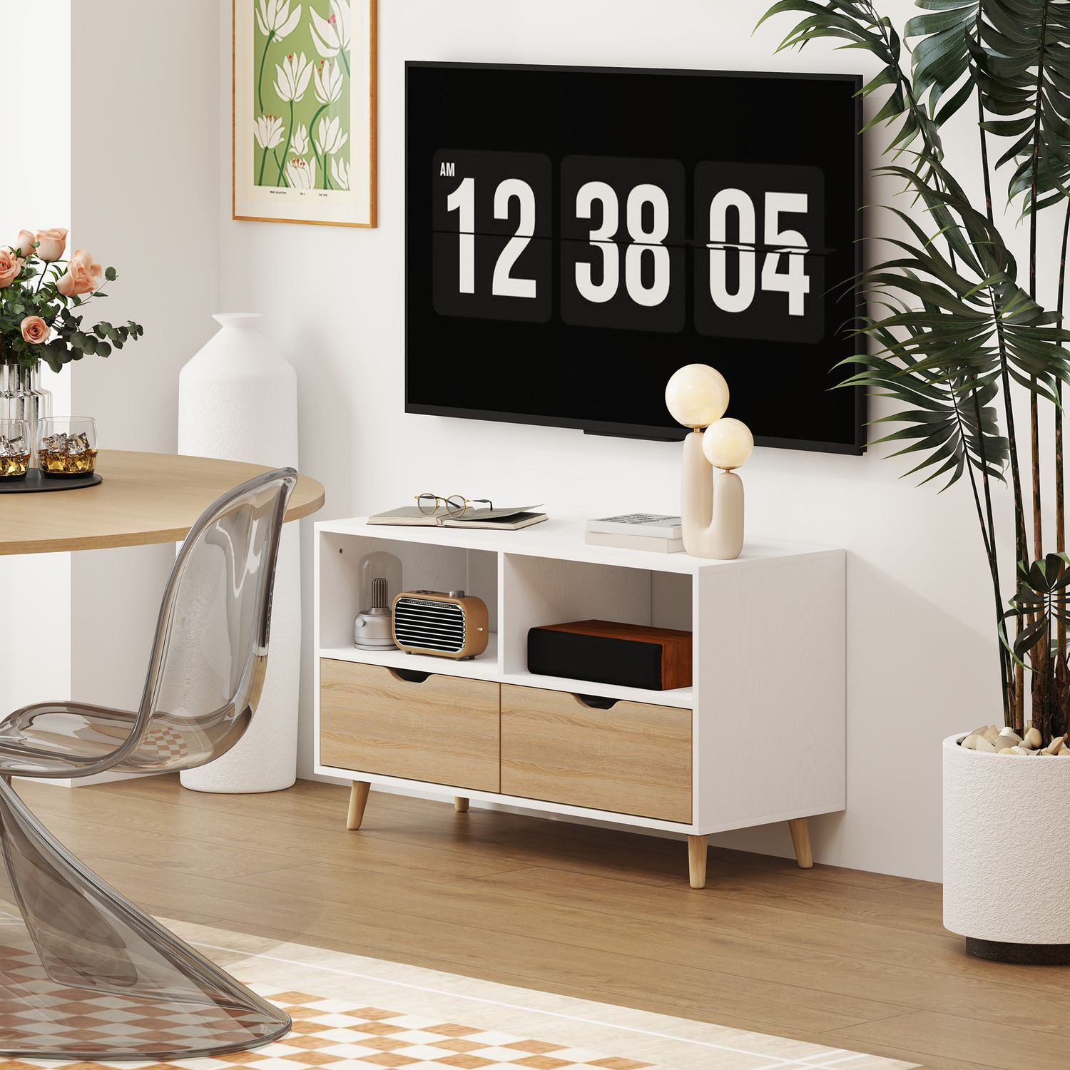 TV-skåp Lowboard, 99 cm, 2 hyllplan & Låda, Vit