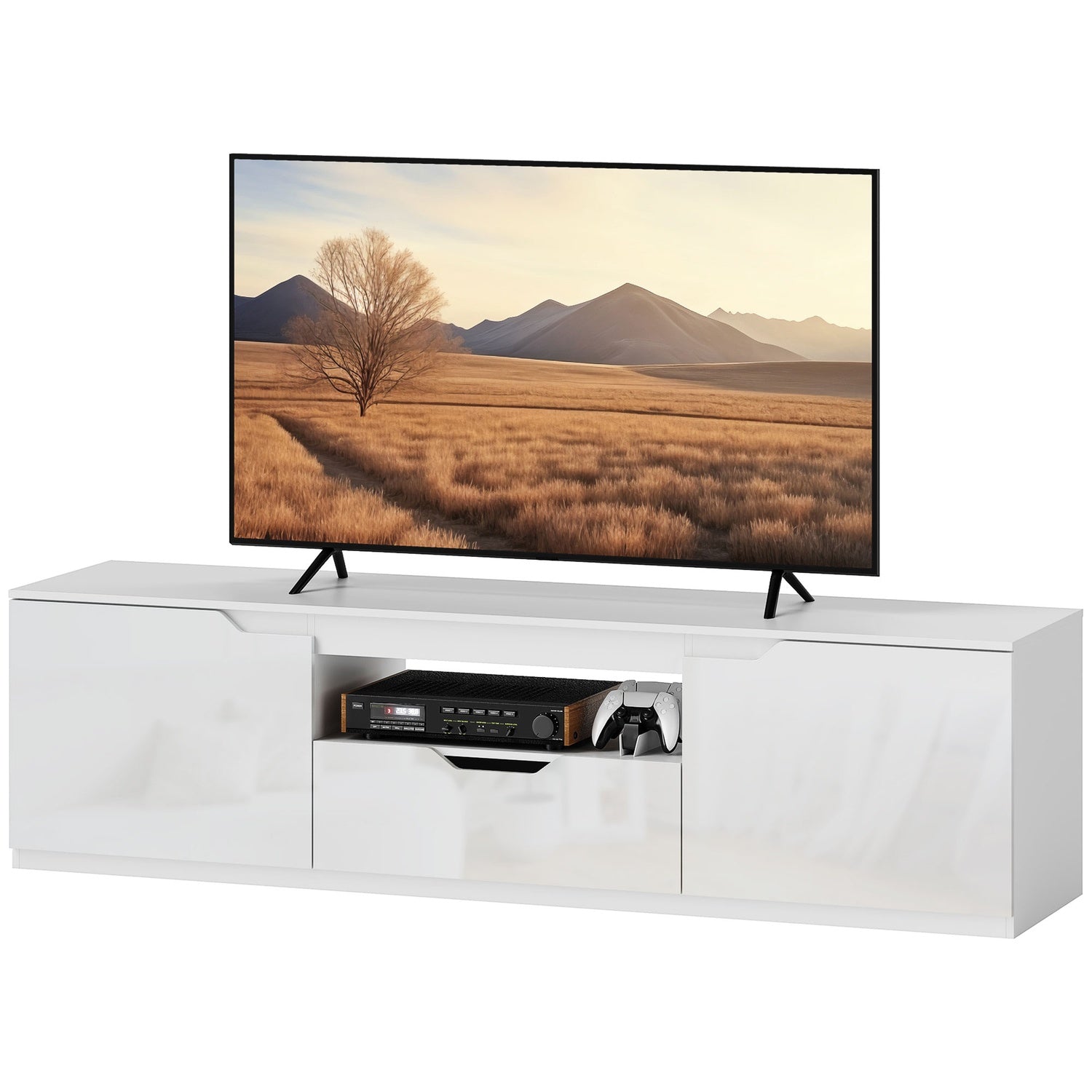 Vitt TV-skåp – 160cm Lowboard, 2 dörrar, låda