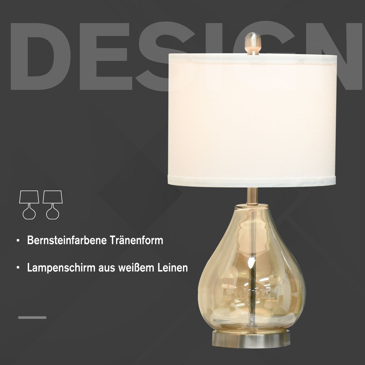 Bordslampa Set Med 2 Sänglampor Med E27-Sockel, 40W, Glas, Linne, Stål, Bärnsten, Ø30 X 56H Cm