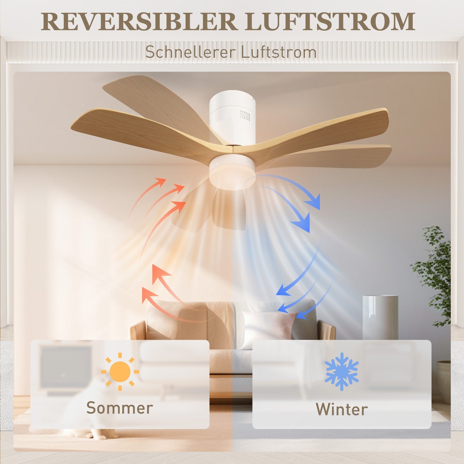 Takfläkt med LED-ljus & Fjärrkontroll, 117 cm, Vändbar