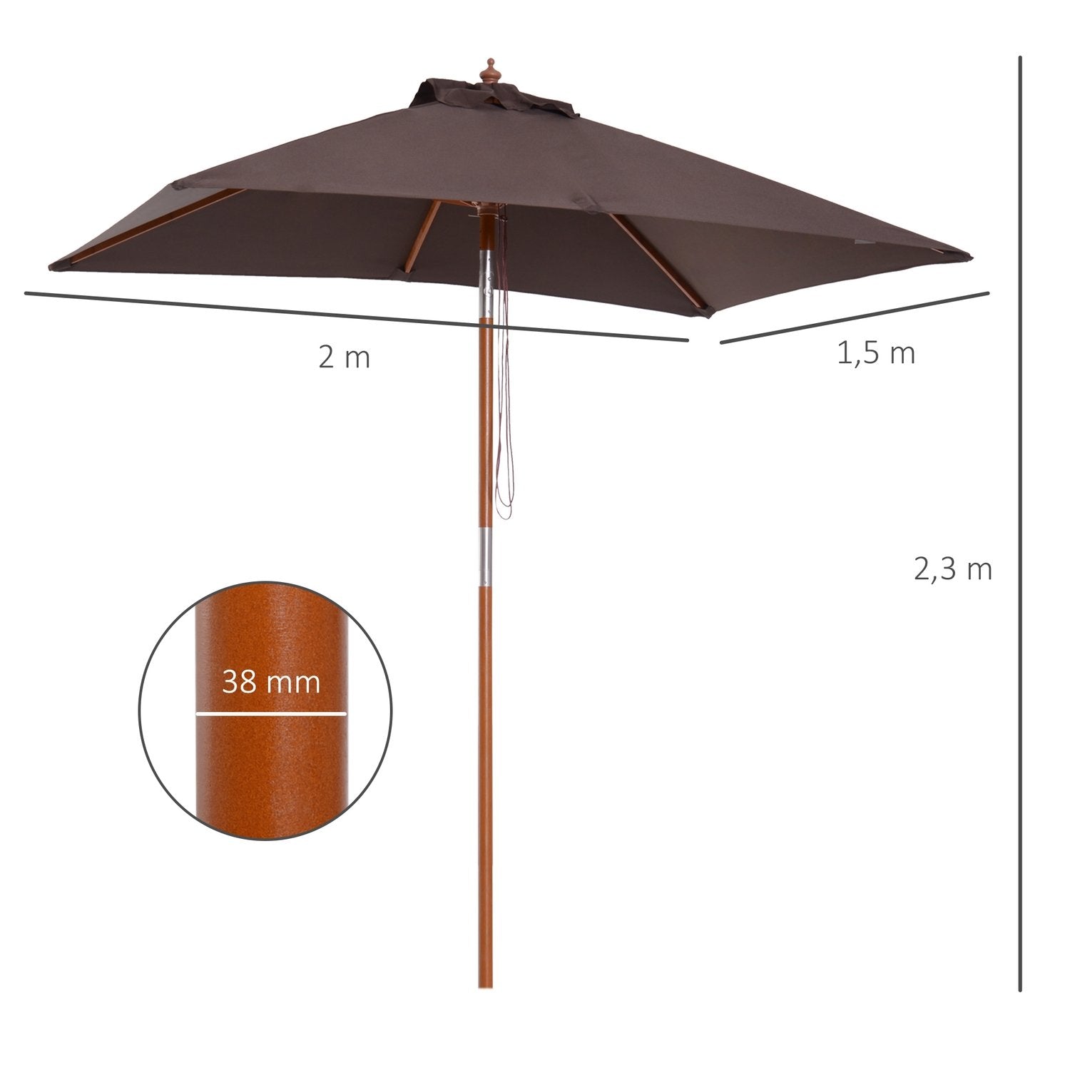 Parasoll Hopfällbart Trädgårdsparaply Strandparaply 3-Nivå Justerbart Granträ + Polyesterkaffe 200 X 150 X 230 Cm