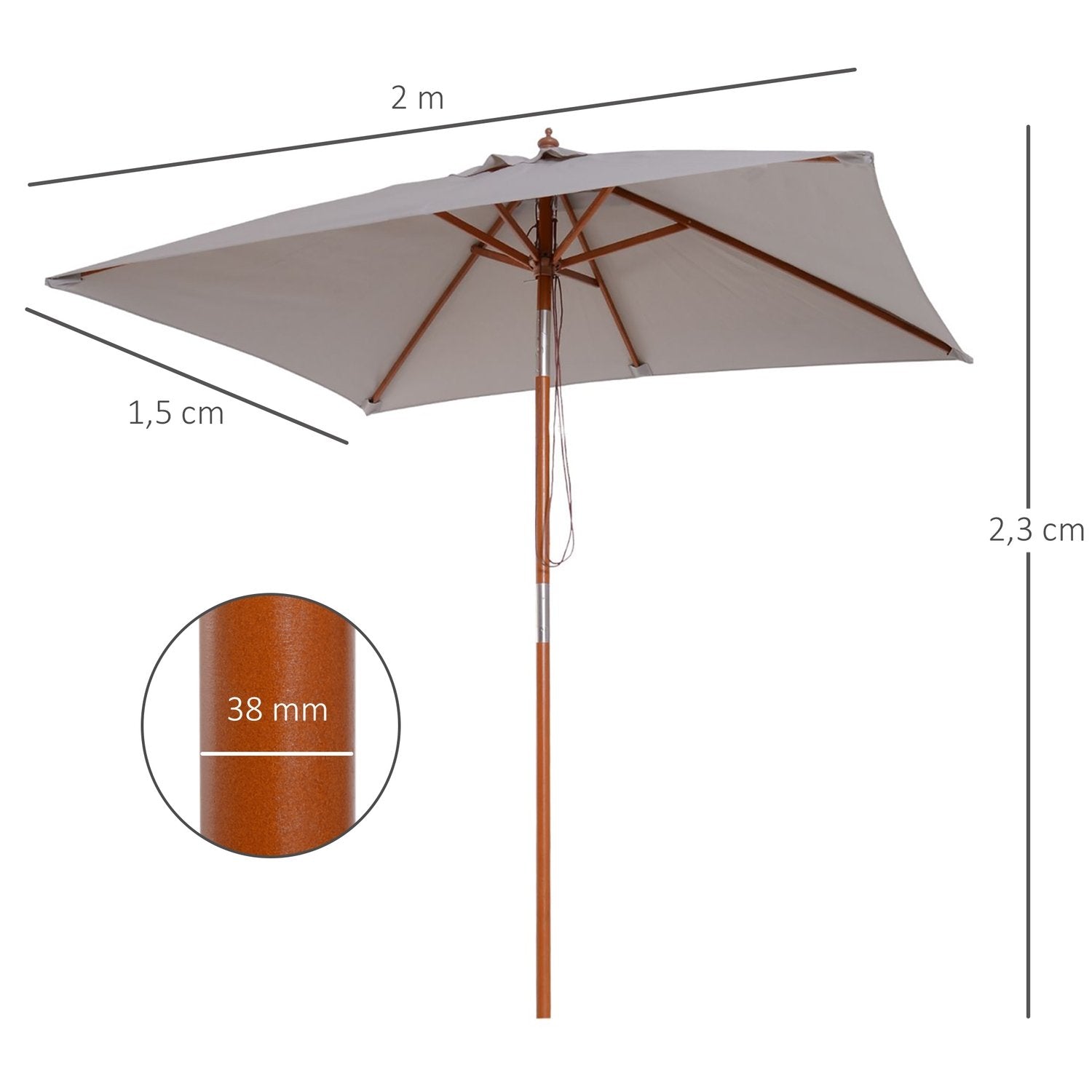 Parasoll Hopfällbart Trädgårdsparaply Av Granträ, Justerbart I 3 Nivåer, Grått, 200X150X230Cm