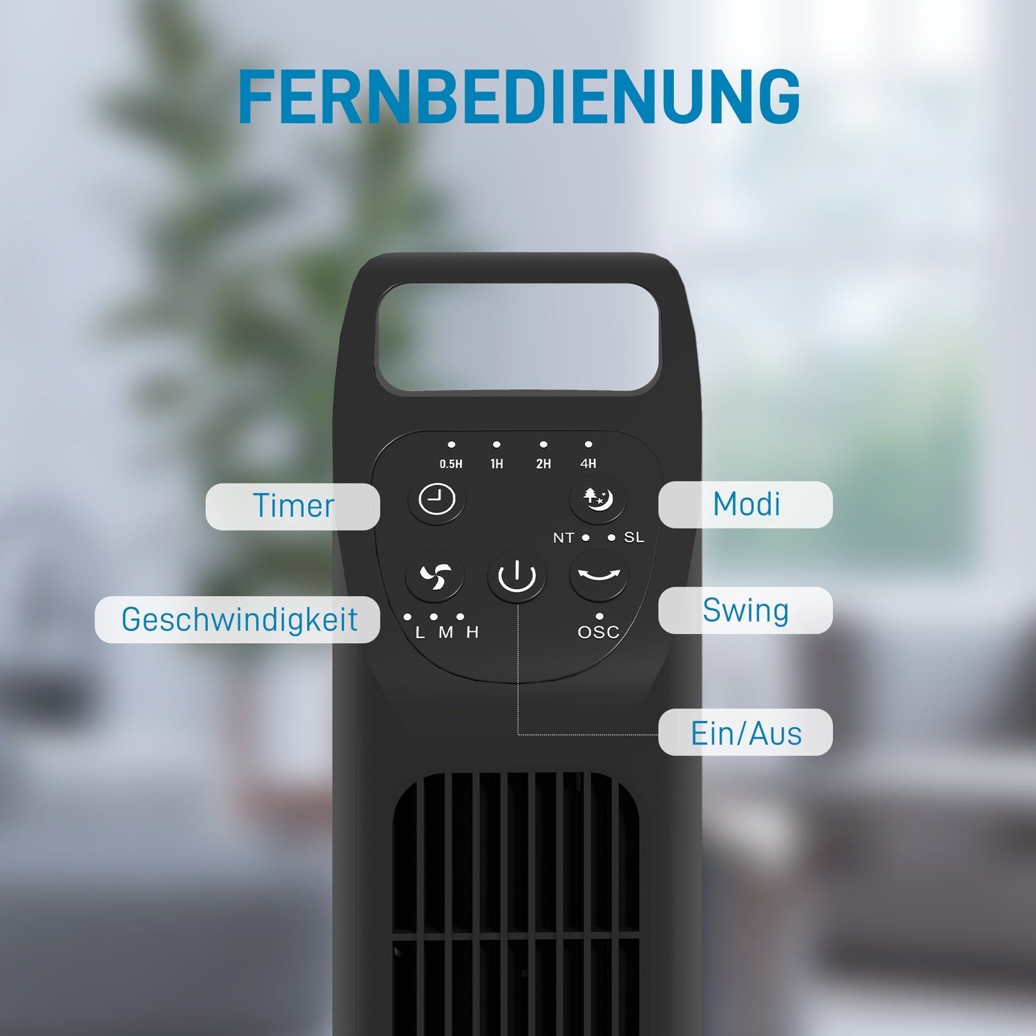 Tornfläkt med fjärrkontroll, 3 lägen och timer, svart