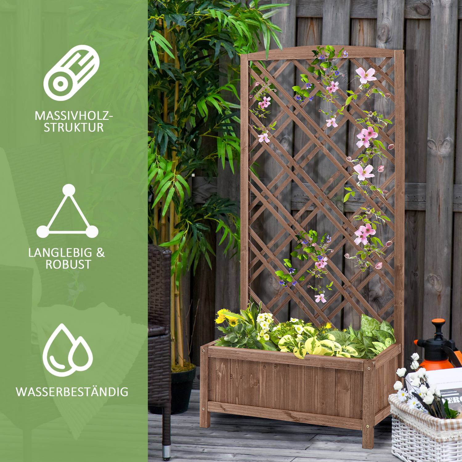 Trä Växtlåda Blomsterställ Med Spaljé, Gul, 60x30x123 Cm