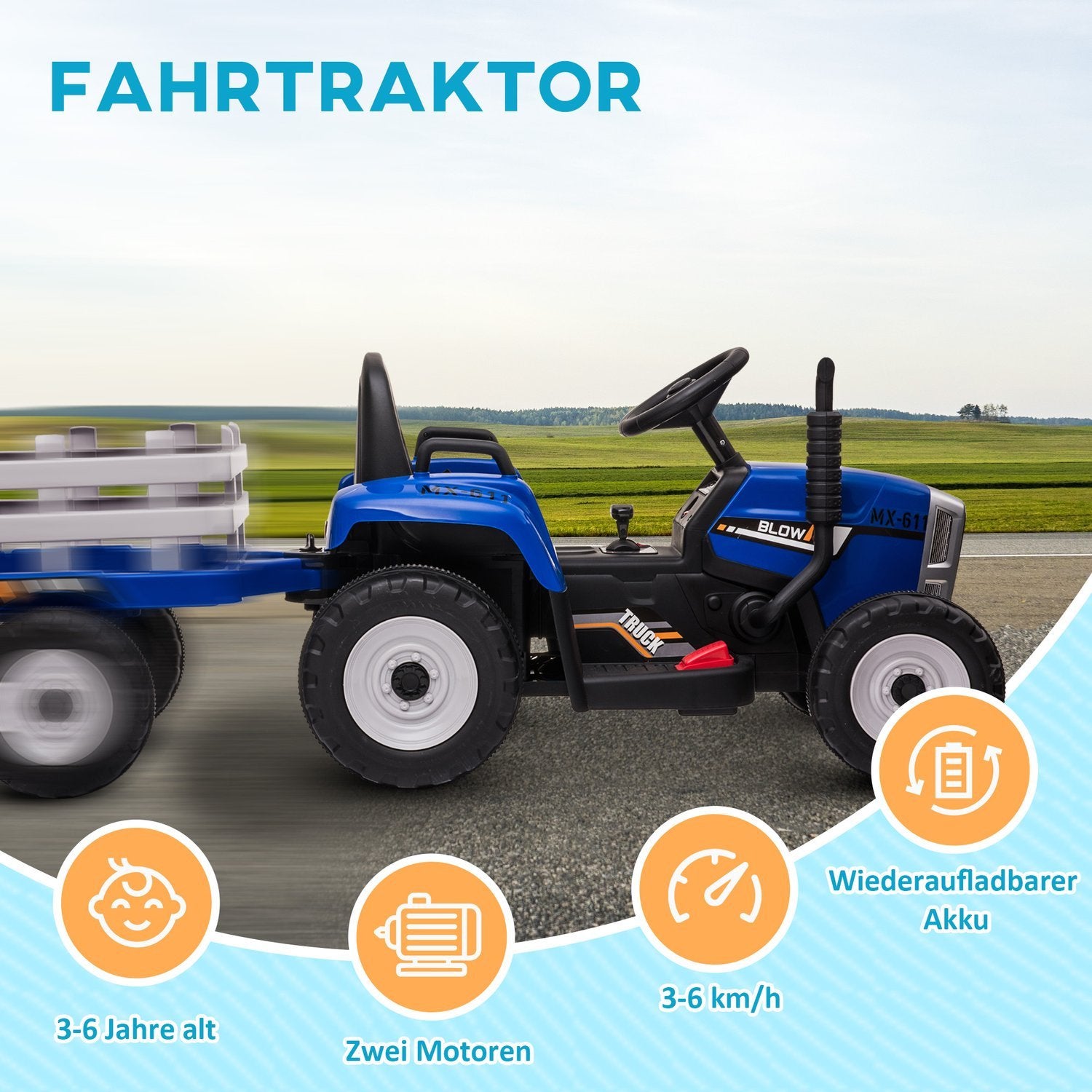 Traktor Trailer Barn Åkande Traktor Fjärrkontroll Elbil Mp3 Strålkastare 3-6Km/H 3-6 År Blå