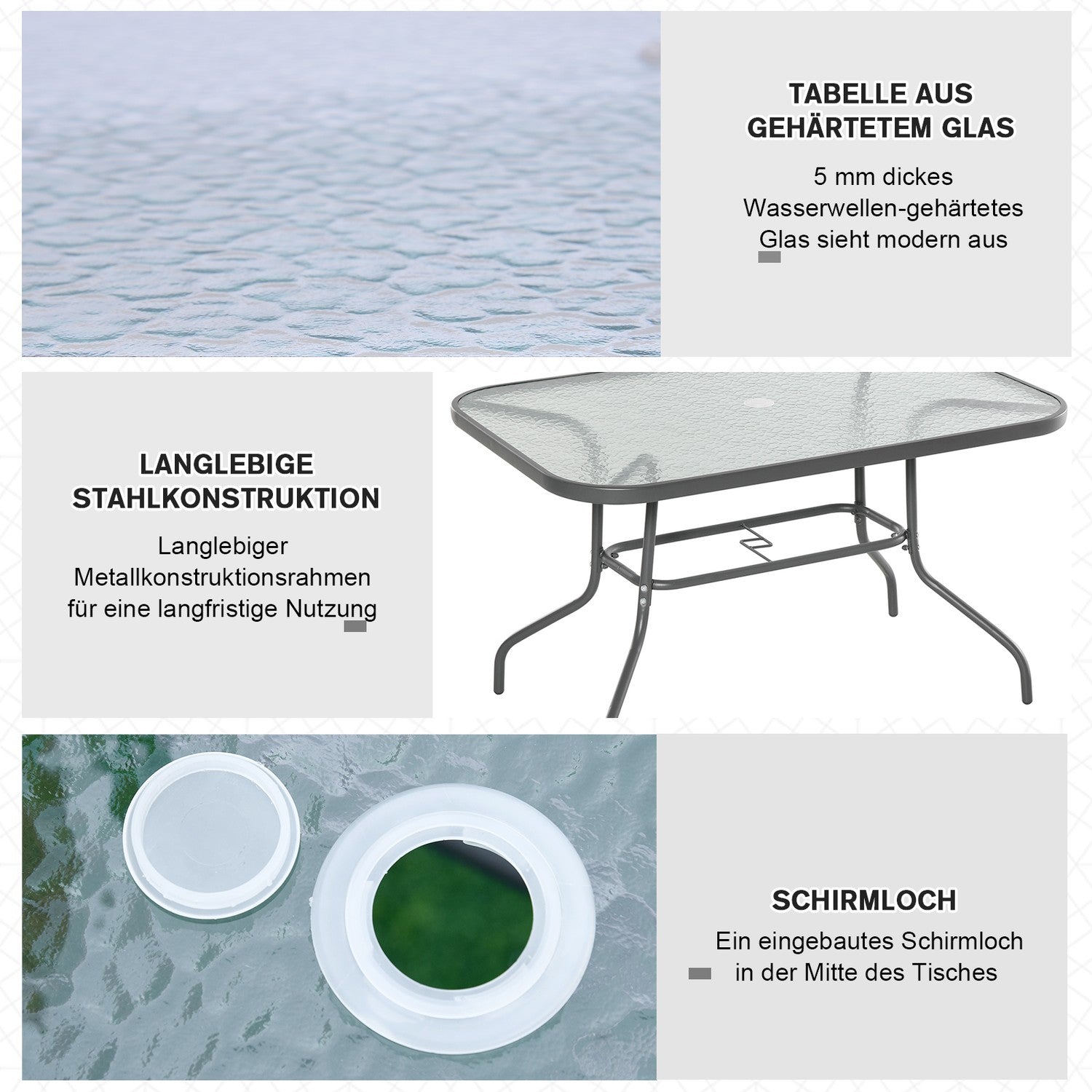 Trädgårdsbistrobord, Skiva i härdat glas, 120x80x70 cm