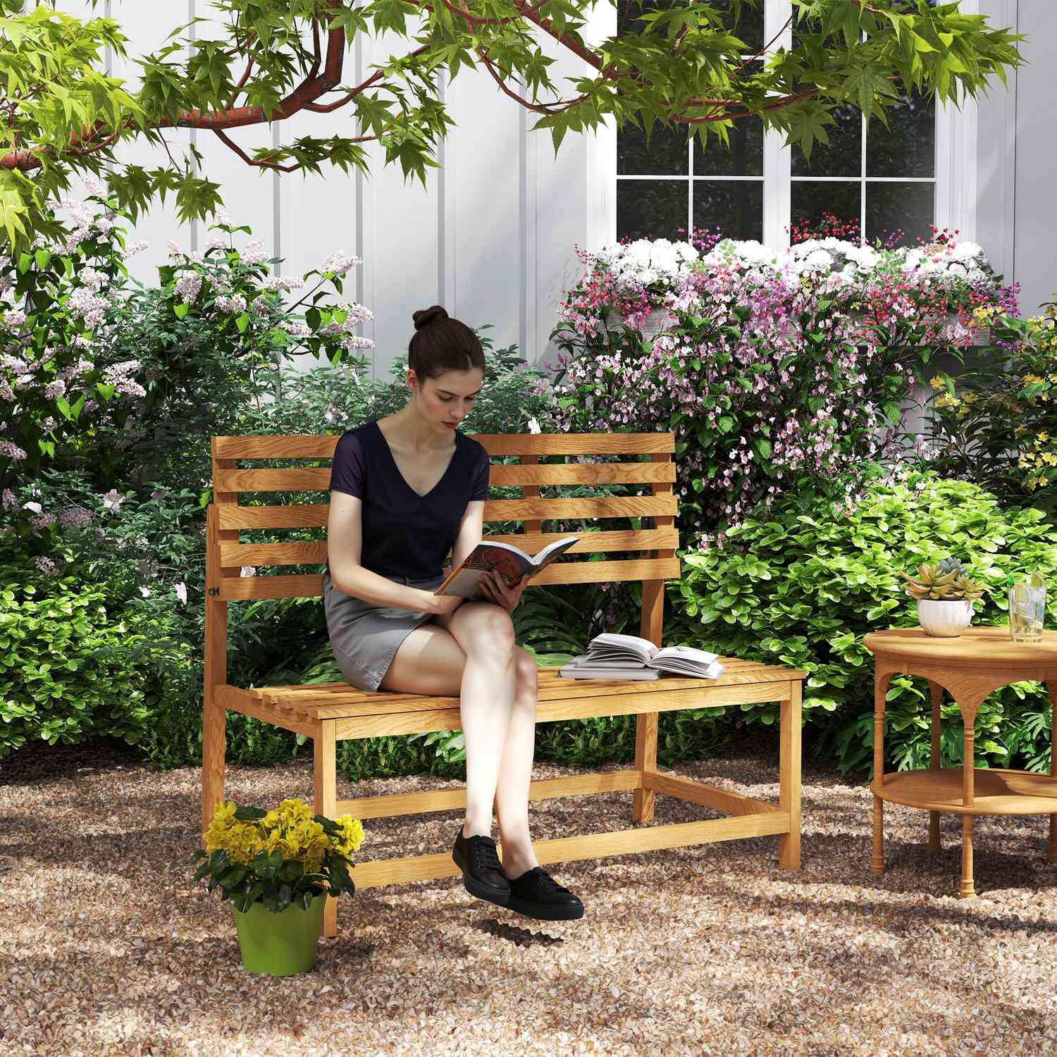 Trädgårdsbänk i 2-sits teak med konvertibelt ryggstöd