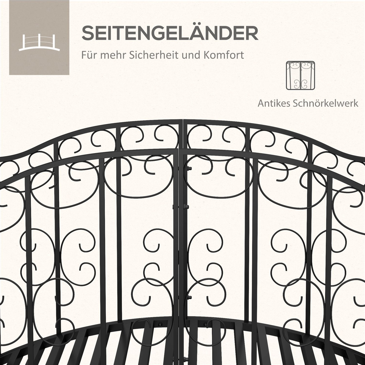 Trädgårdsdammbro i stål med blomräcke, 1,19 m, svart