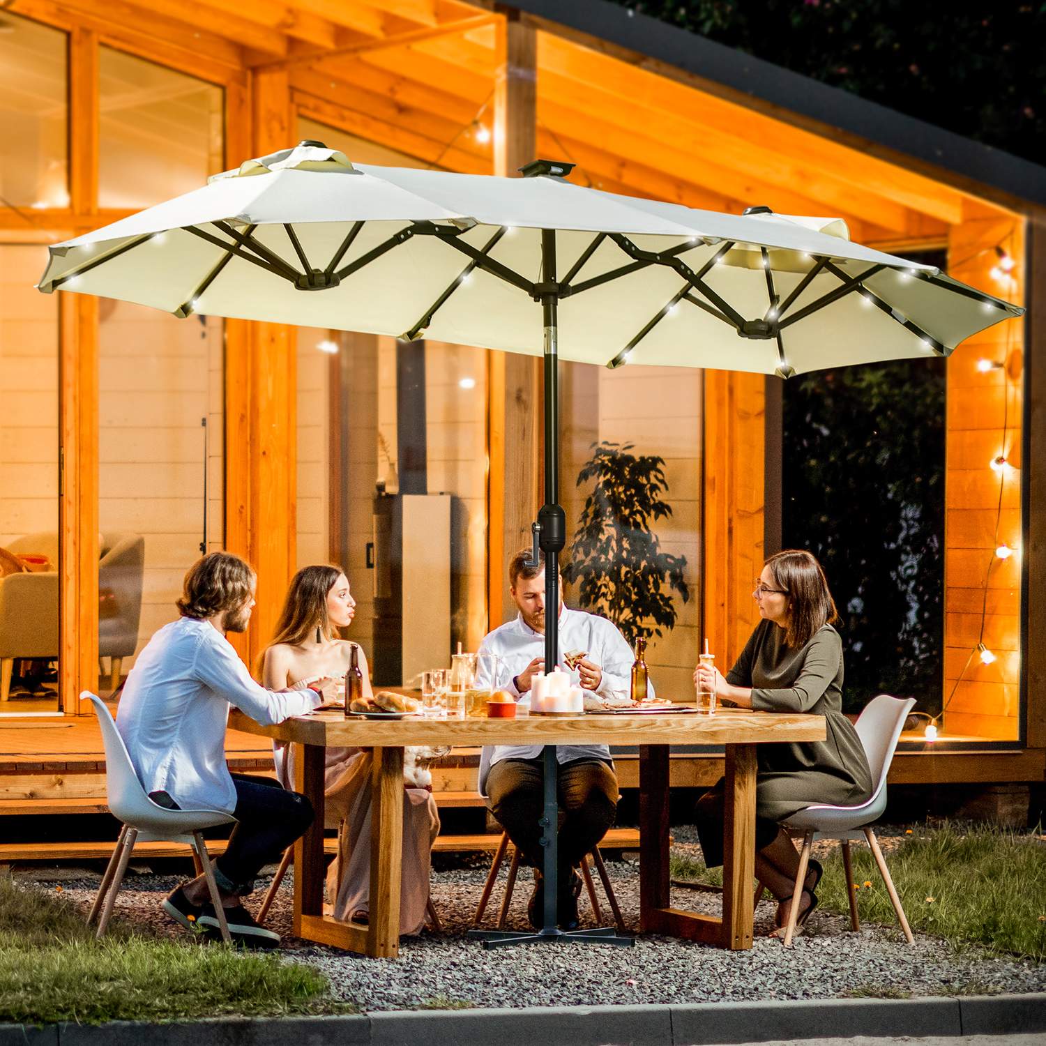 Trädgårdsdubbelparasoll med LED & justerbar lutning, Beige